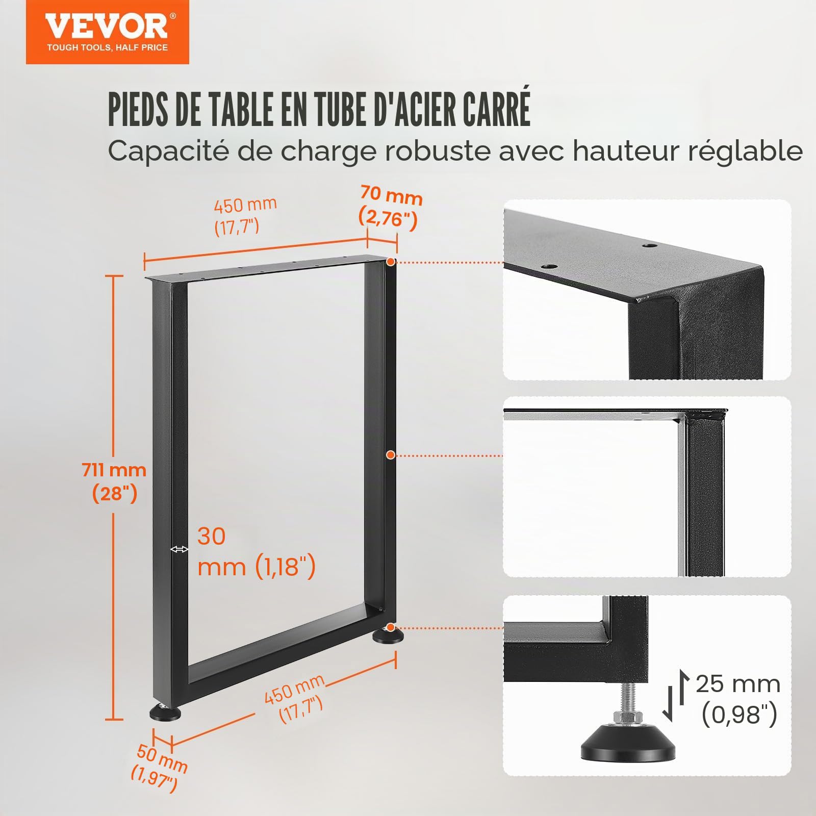 VEVOR Pied de Table 2PCS Pieds de Bureau Réglables Carrés 711 mm en Acier Massif Capacité de Charge 454 kg Pieds de Meubles Noirs Modernes avec Accessoires Nombreux pour Maison Bureau Salle à Manger