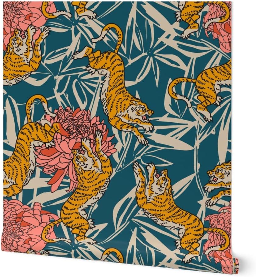 Spoonflower Removable Wallpaper 12ft x 2ft - Boho Jungle Tiger Animal Leaf Palm Beach Tropical Poppy Custom Pre-Pasted Wallpaper