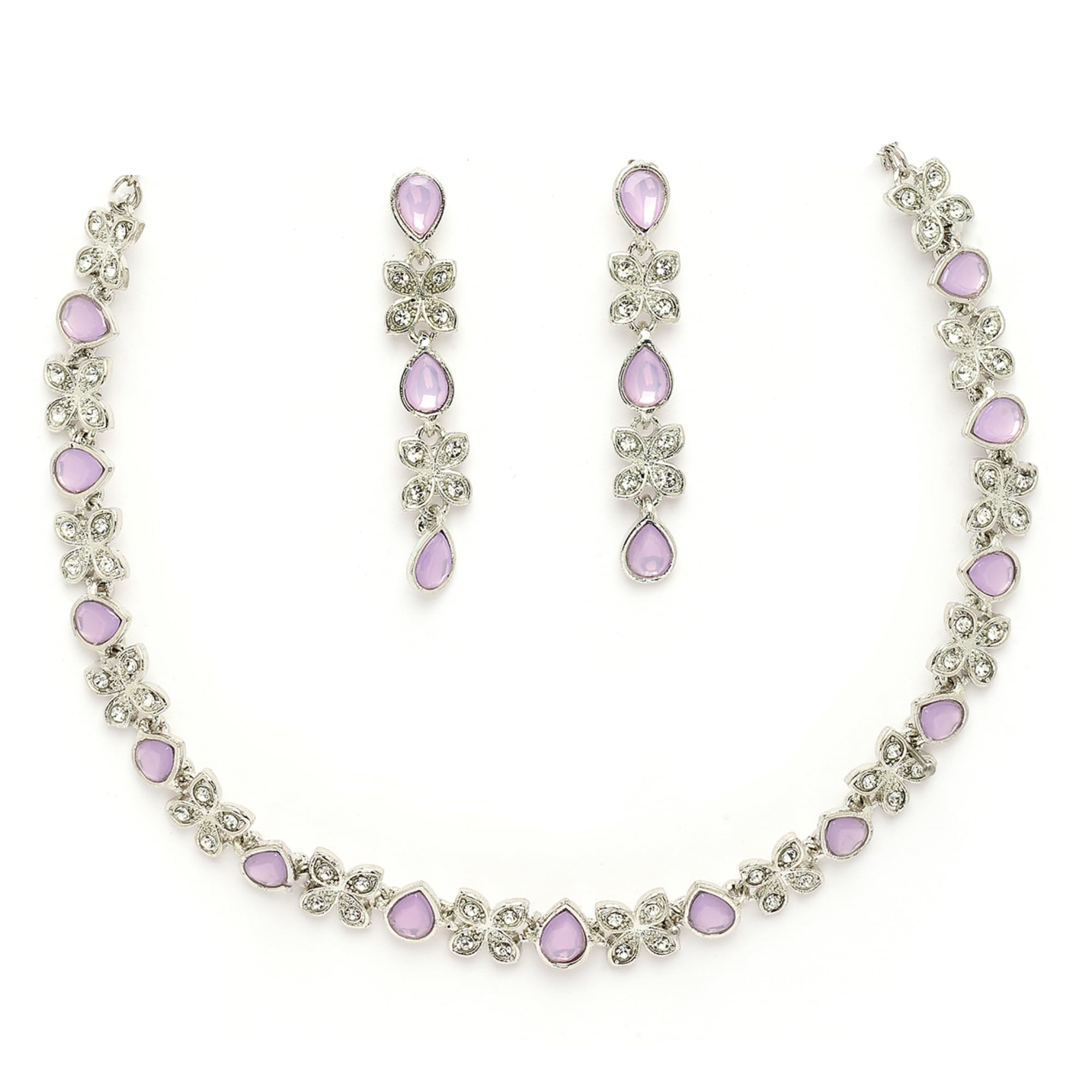 Rhodium Plated Silver Toned Butterfly Shaped Cubic Zirconia Studded Necklace With Earrings Jewellery Set For Women & Girls-image-32