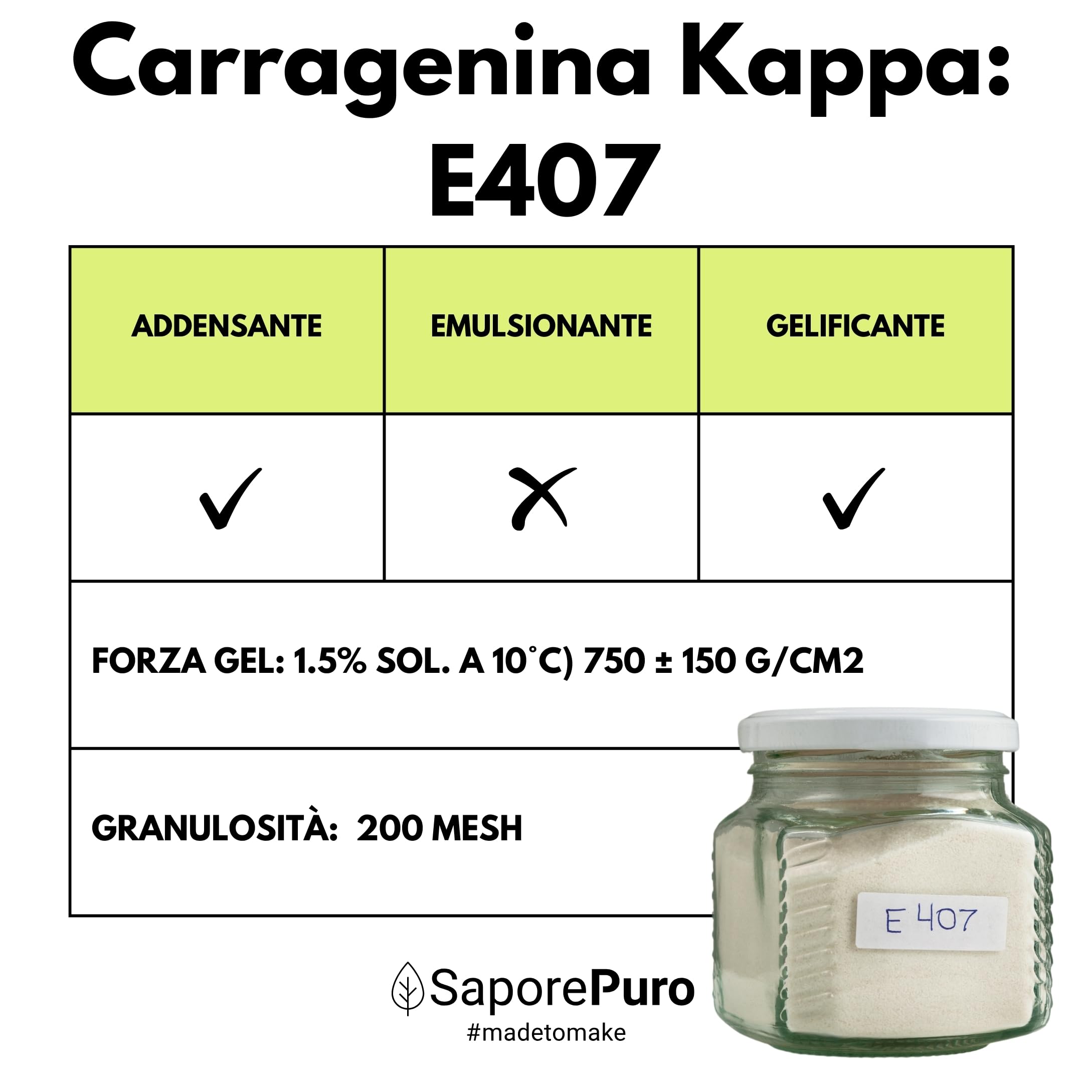 SaporePuro Carragenina Kappa in Polvere 1000 g – Senza Glutine – Gelificante e Stabilizzante per Preparazioni Salate, Carni, Gelatine e Dessert