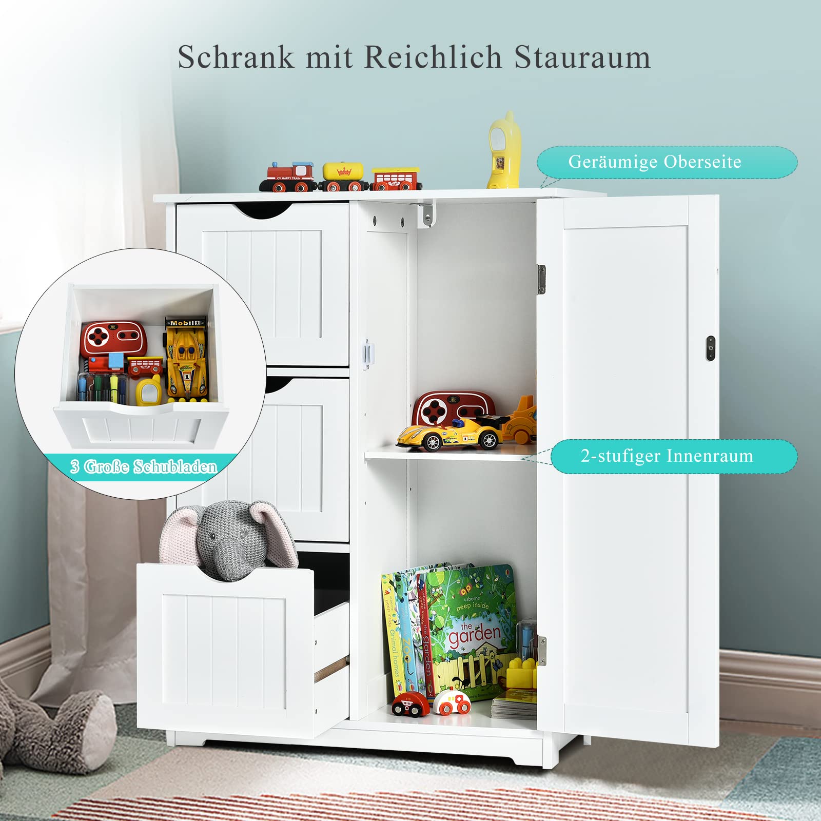 COSTWAY Drewniana szafka łazienkowa, z 3 szufladami i 1 drzwiami, szafka dolna z 3 pozycjami, regulowana półka, szafka do przechowywania do salonu, łazienki, 60 x 30 x 81 cm (biała)