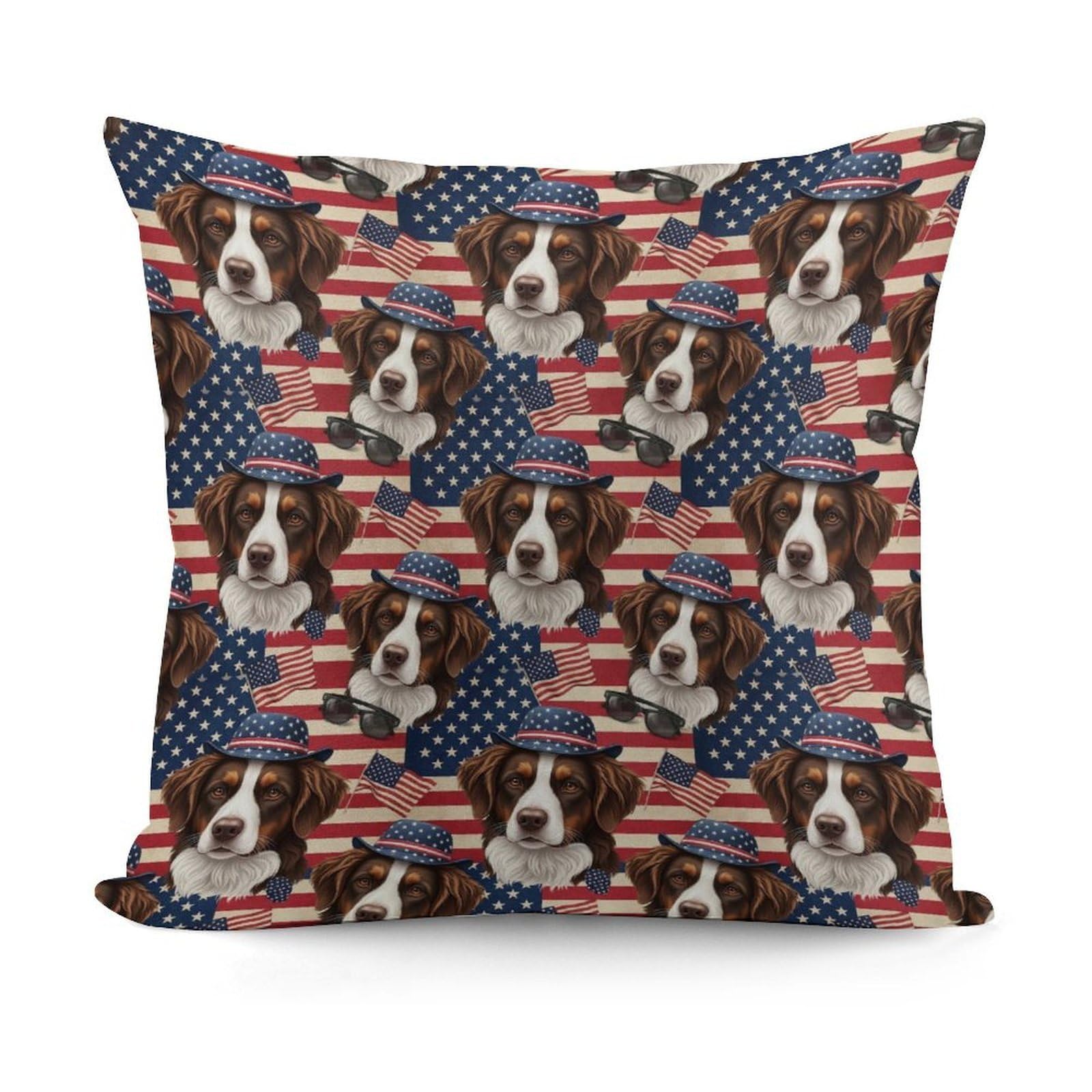 Smazdfxx Picture(34) Unique Pattern Soft Brittany Dog American Flag Plush Pillow Cover With Zipper For Sofa, Couch, Living Room Decorative
