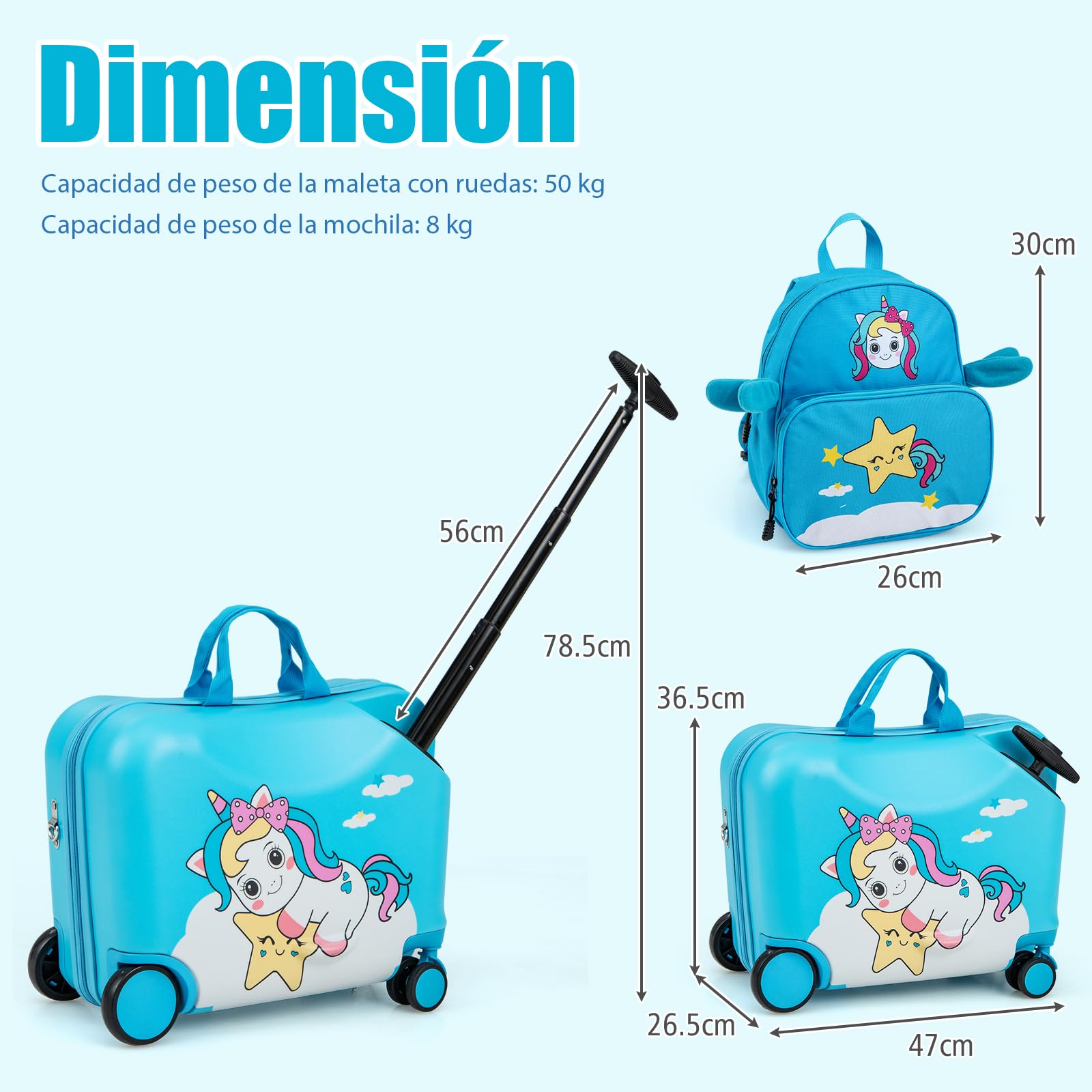 SOARS Juego de Maletas de Viaje Cabina para Niños, Trolley con Ruedas Correpasillo 40L, 18" Maleta con Ruedas + 12" Mochila Infantil con Asa y Correas Ajustables, Multifuncional (Unicornio Azul)