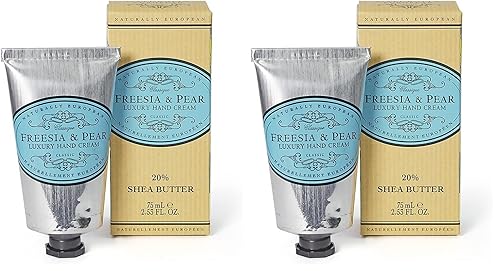 Naturally European Freesia & Pear - Crema de manos de lujo en caja, 20% manteca de karité, 2.5 fl oz, combate la piel seca de esas manos