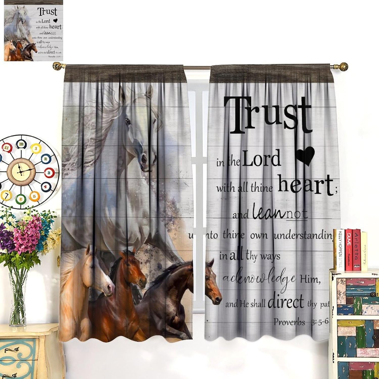 Farmhouse Horse Curtains, Rustic White Barn Door Western Farm Animal Horse Inspiration Quotes Print Window Treatment for Kitchen Living Room Bedroom Office Drapes, 42x45 Inch
