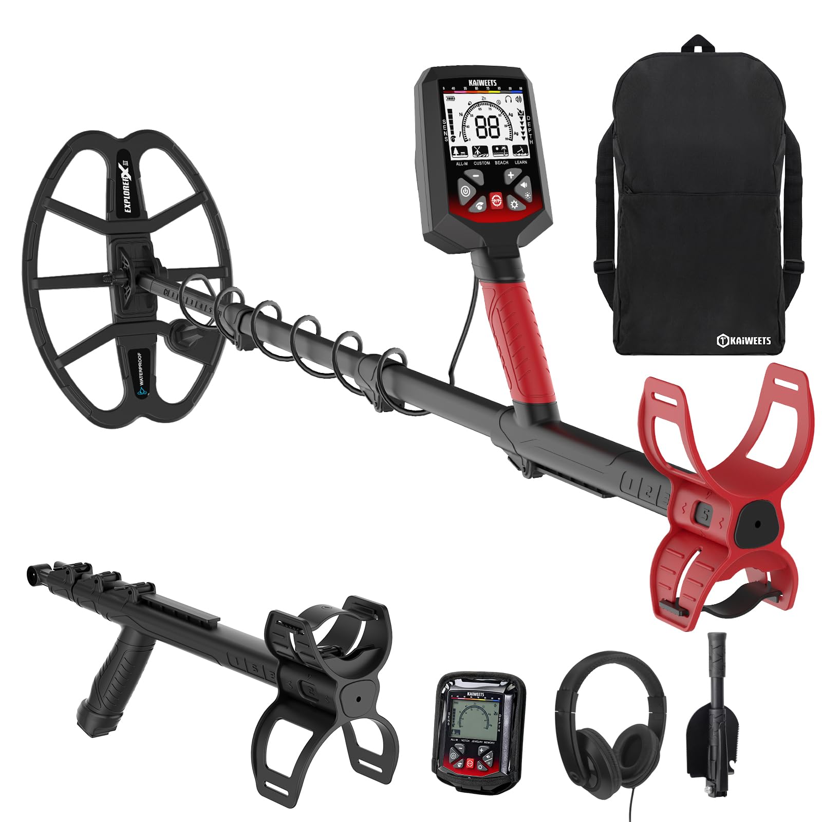 KAIWEETS Detector de metales profesional con batería, bobina doble D impermeable hasta 30 cm de profundidad, 5 modos, detector de metales, chip DSP, HD LCD con retroiluminación, juego de detector de