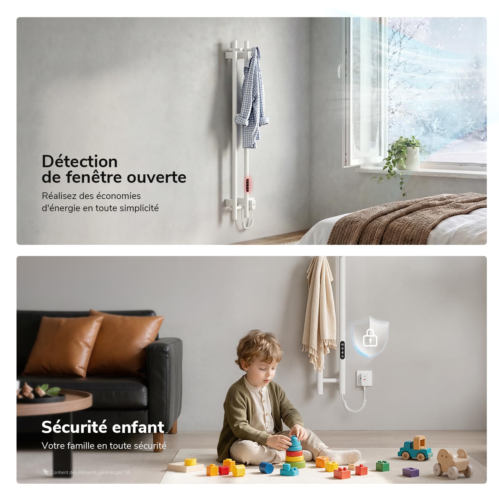 Heilmetz 1200x124mm Sèche Serviette Électrique WiFi Blanc, Seche Serviette Electrique Salle de Bain Vertical 2 Barres avec Crochets, Contrôle APP, Minuterie & Thermostat, 145W