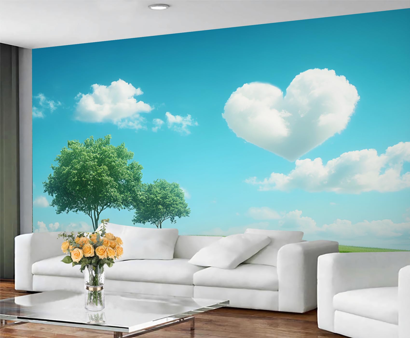 GIVLWF Cloud Wallpaper, Love Sky Peel and Stick Wallpaper for Bedroom, Grassland Clouds Wall Paper for Living Room, Sky Cloud Wall Mural, Landscape Large Mural & Room Decor