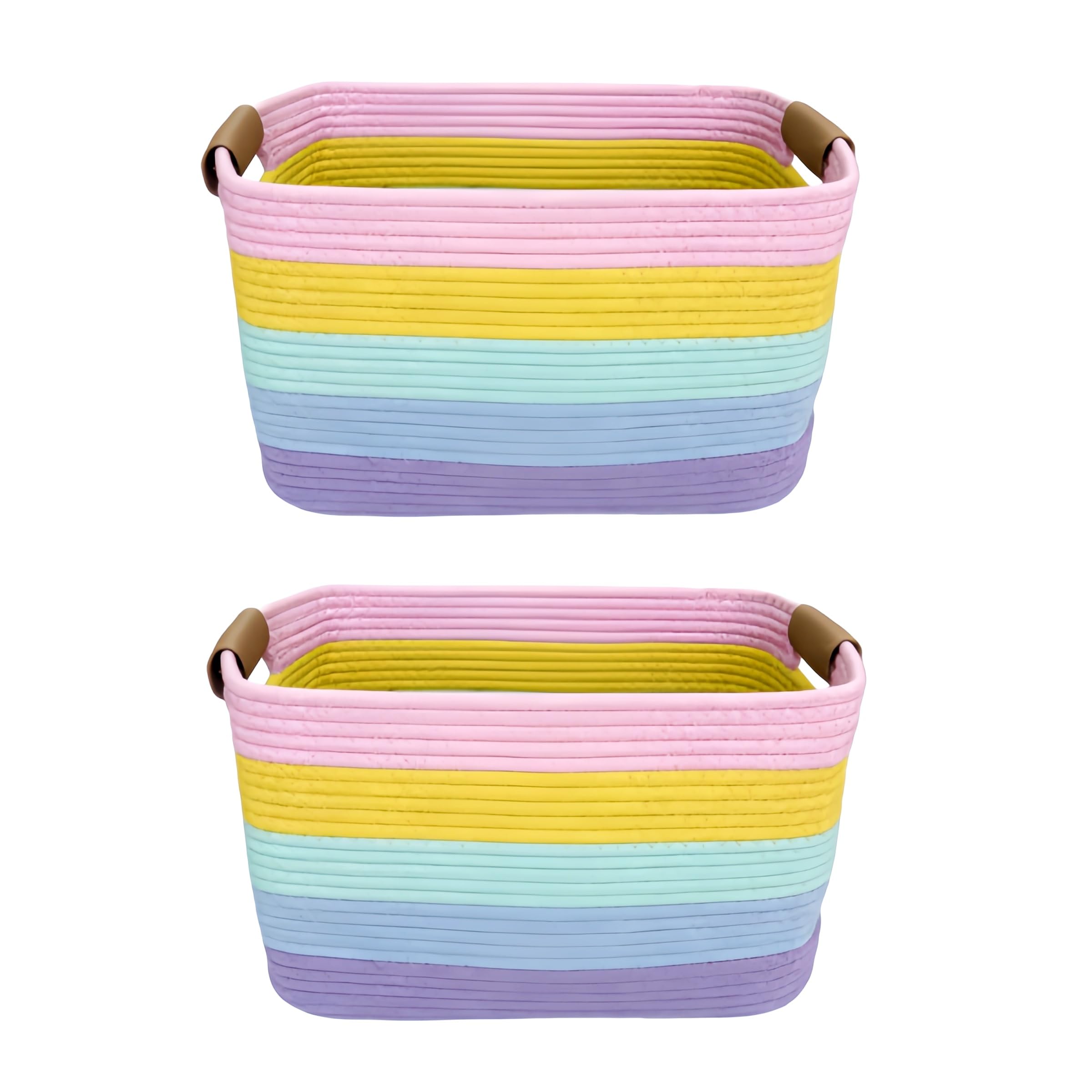Uwenkjie 2-Pack Large Storage Baskets, Cotton Rope Woven Basket with Detachable Leather Handles, Foldable Home Organiser Bin for Toys, Clothes, Laundry (5 Colors)