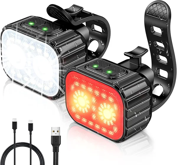 Cuvccn Bike Lights, Rechargeable Bicycle Lights Set Super Bright 8+12 Modes, IPX6 Waterproof Bike Lights for Night Riding/Cycling Safety, Front and Back Taillight Reflectors, 58 Hrs Long Battery Life