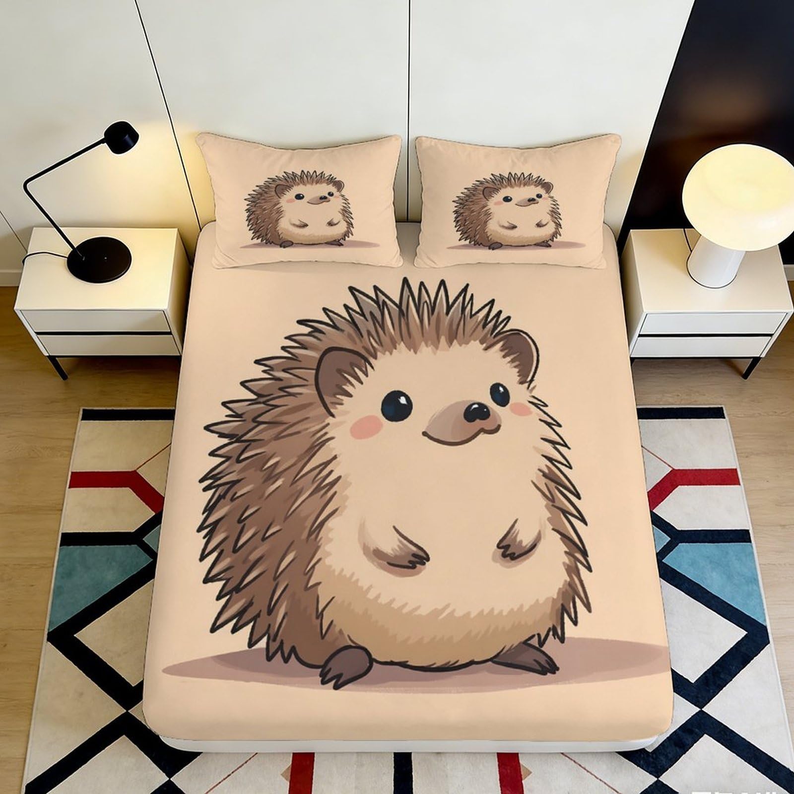 3D Printed Cute Hedgehog Fitted Sheet Microfiber Deep Pocket Non-Slip for Bedroom Hedgehog Mattress Fitted Cover Washable 140x200x25cm