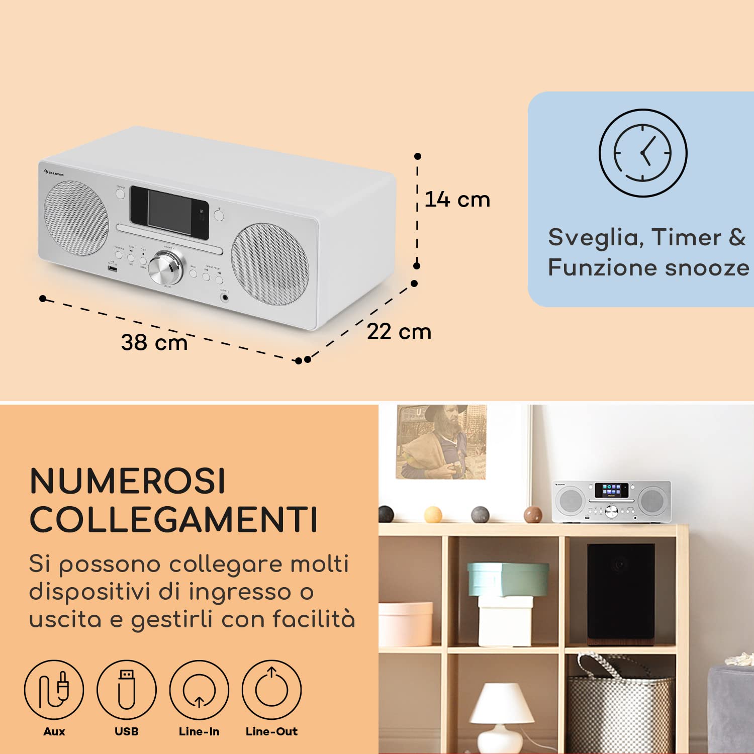 Auna Radio Portatile DAB con Bluetooth e Lettore CD, FM/DAB/DAB+, Sistema Stereo AUX, Display TFT, Telecomando, Sveglia, MP3 e Streaming, Vintage in Legno 30W