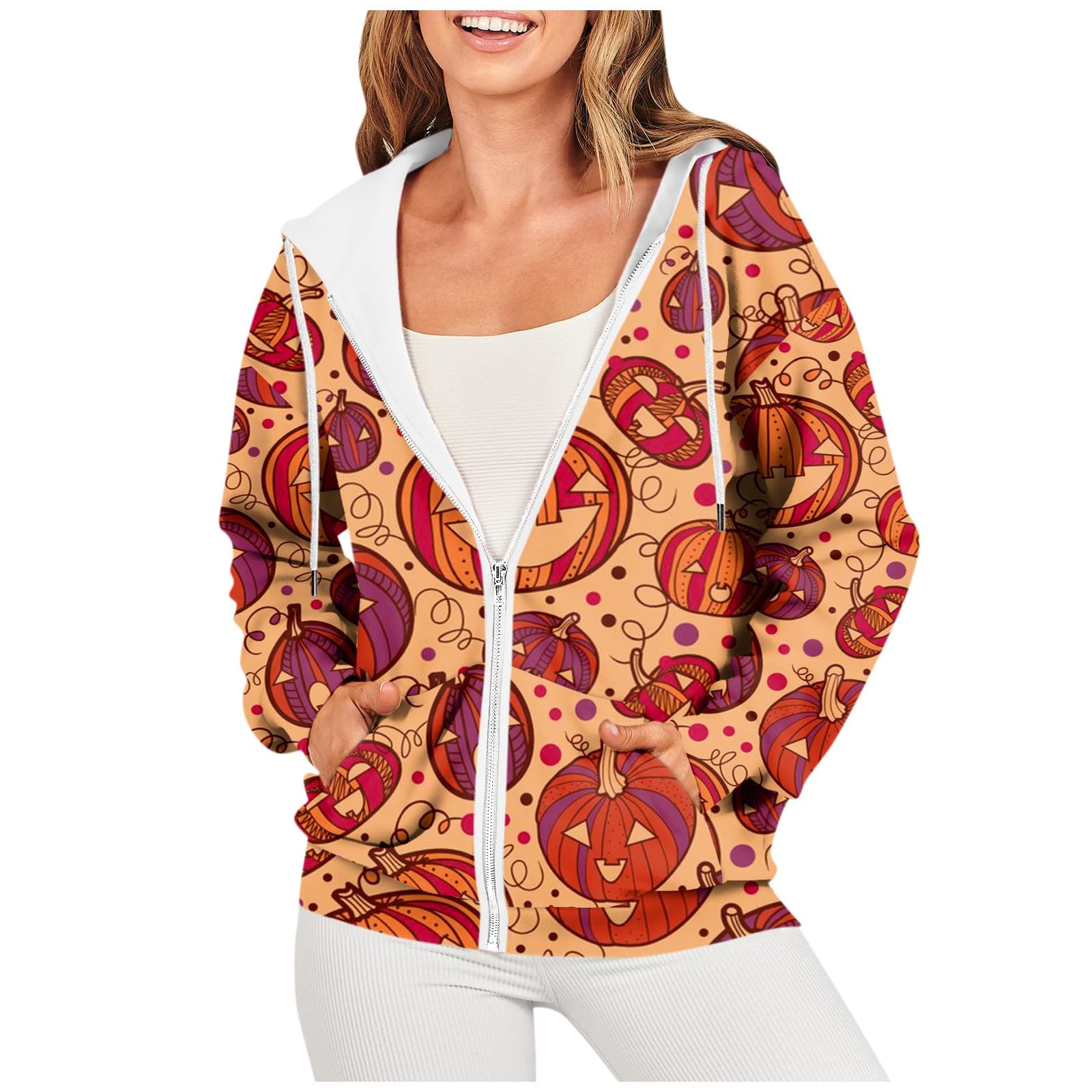 Hoodies for Women Oversized Zip Up Drawstring Jackets Long Sleeve Halloween Sweatshirts Dressy Y2k Coat with Pocket