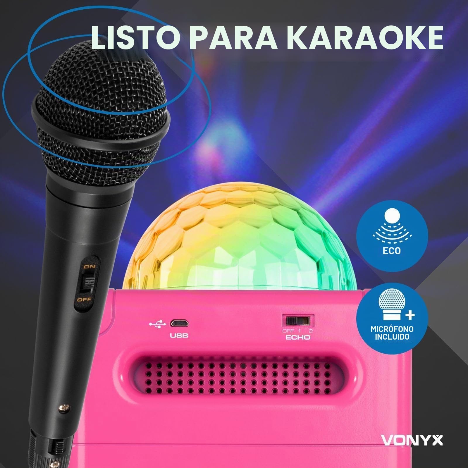 Vonyx SBS50P Altavoz portátil Set de Karaoke para Fiesta con micrófono y Efecto Eco, Bluetooth, Bola de Discoteca con Efectos de Luces LED, Entrada Auxiliar - Rosa