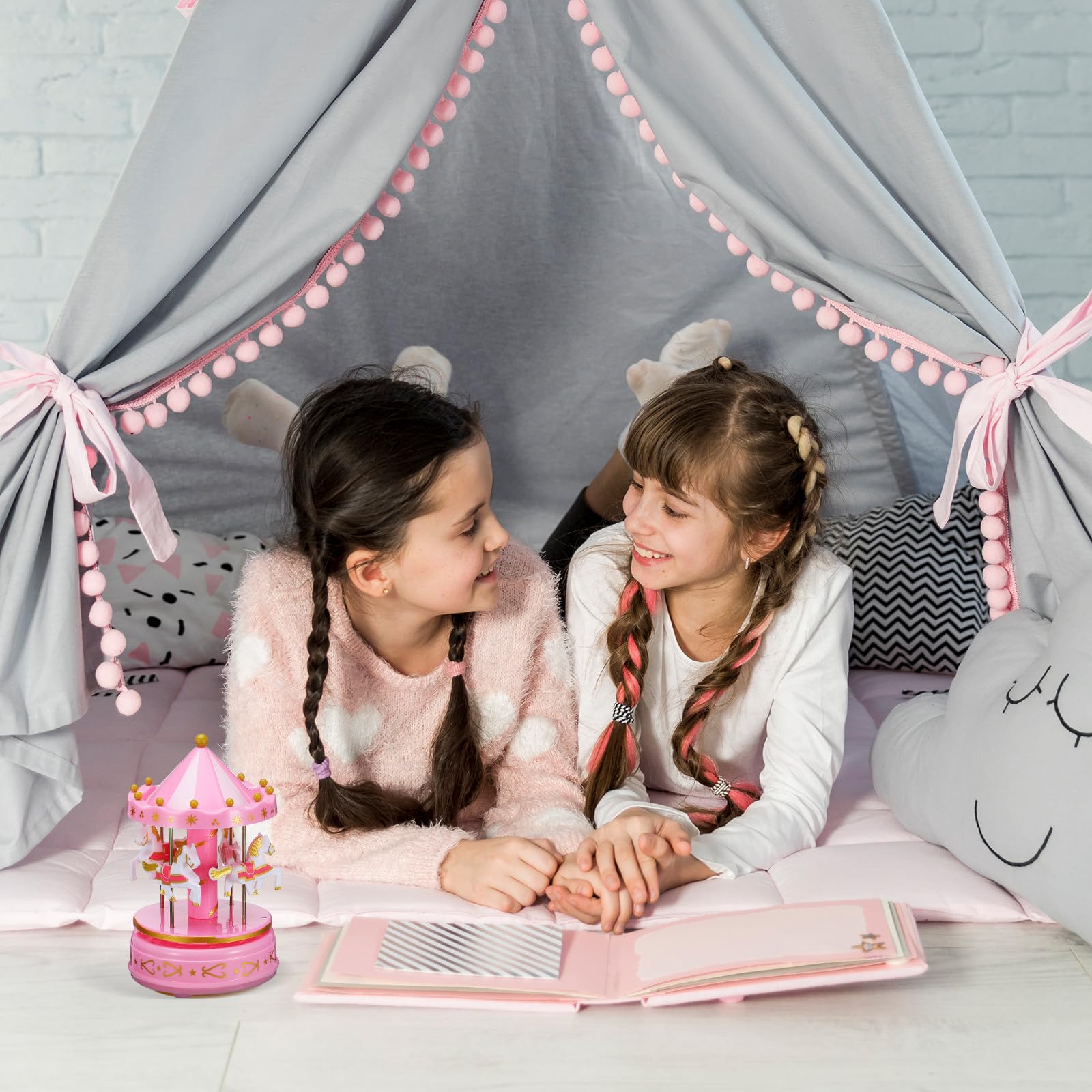 NUOBESTY Caja de Música de Tiovivo Rosa sin Luz Delicada Caja Musical Decorativa de Plástico 1 Pieza para Decoración del Hogar y Obsequio Especial