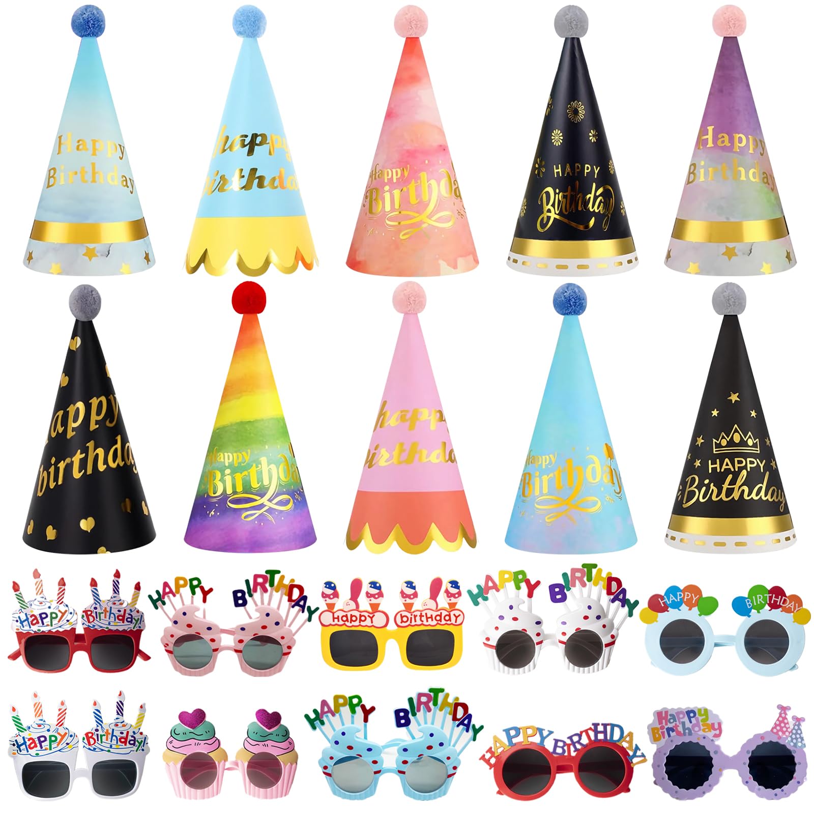 Koeilay 20 Pcs Birthday Party Hats for Adults Birthday Sunglasses Funny Rainbow Party Cone Hats with Pom Poms Photo Props Supplies(Rainbow Style)