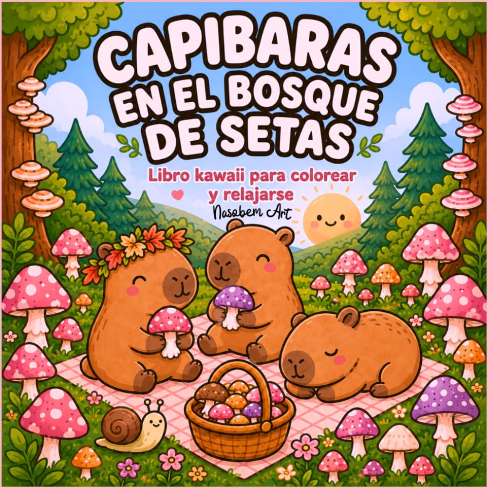 Capibaras en el bosque de setas: Libro kawaii para colorear y relajarse: Libro de colorear para adolescentes y adultos con capibaras, setas, animales ... escenas cozy y dibujos relajantes antiestrés