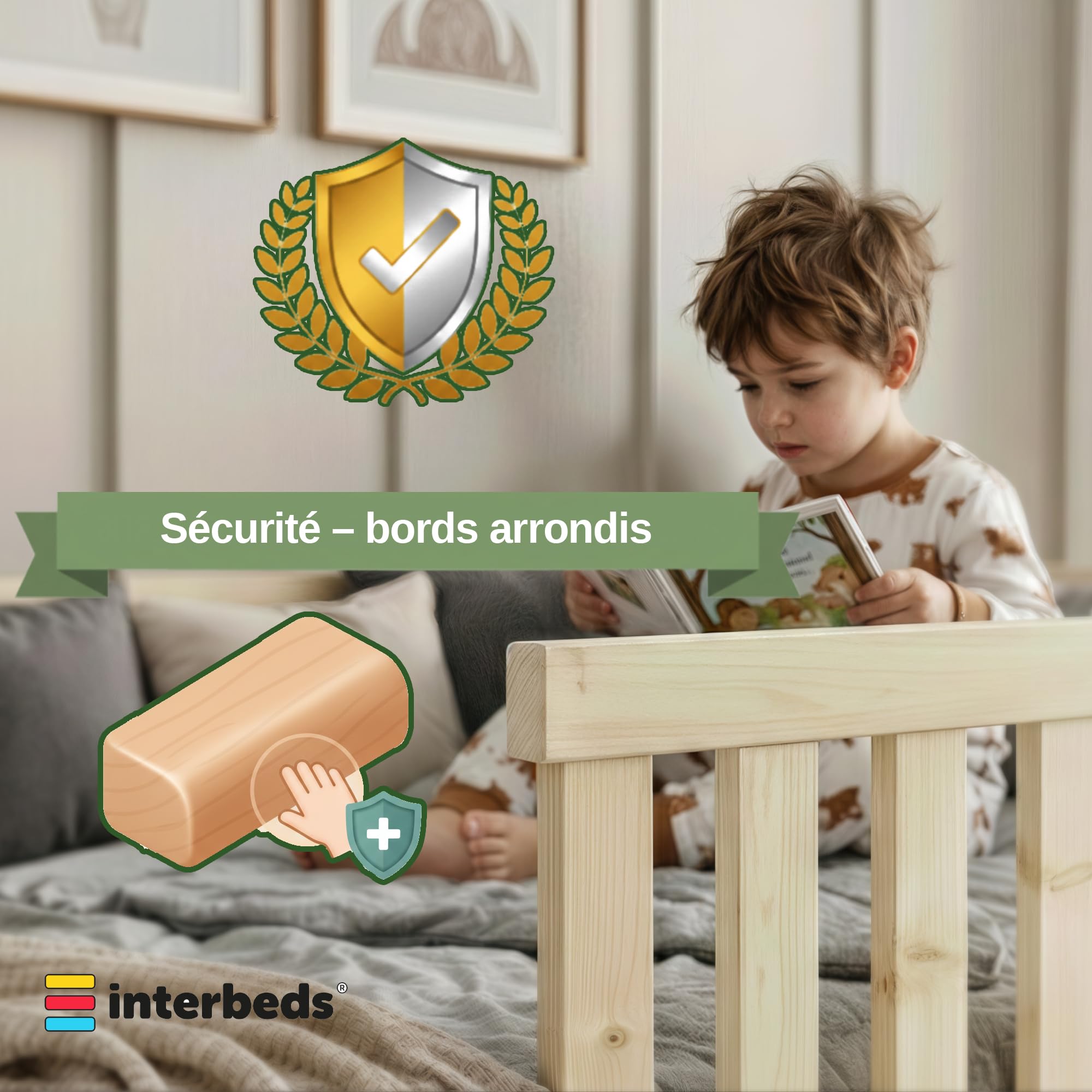 Lit Enfant Bella 120x200 avec Barrière de Sécurité et Sommier à Lattes, Bois Pin Naturel, Montessori