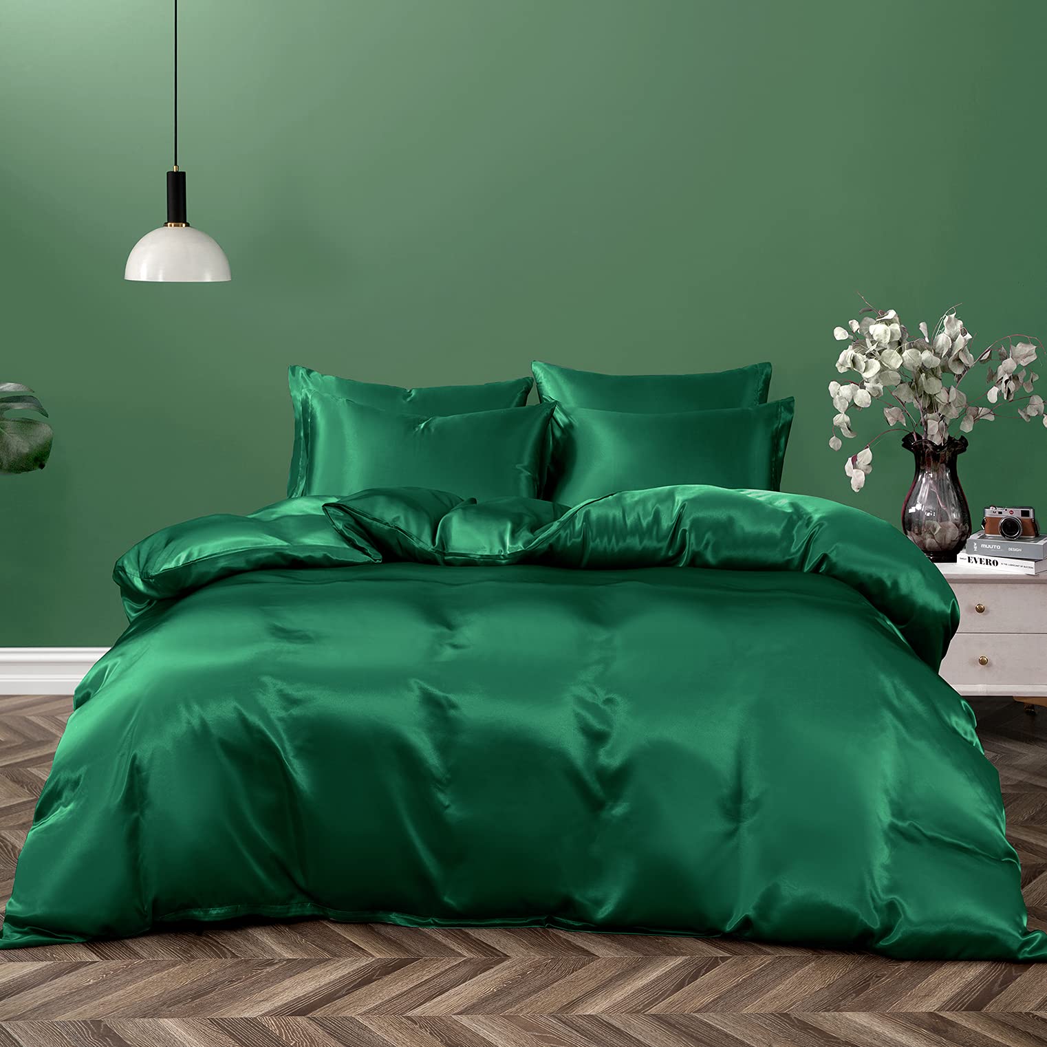 Pothuiny 5 Piece Satin Duvet Cover Set, Luxury Silky Emerald Green Duvet + Pillow Cases, Full/Queen Size, Zipper Closure - Image 4