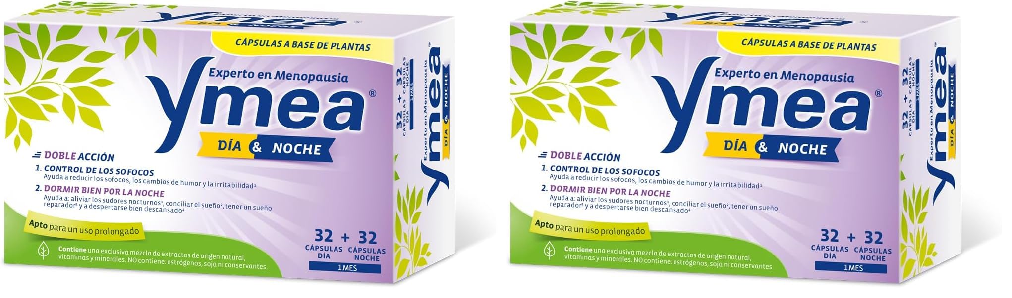 Ymea Menopausia Día y Noche, Control Sofocos y Sueño, Tratamiento 1 Mes - 64 Cápsulas (Paquete de 2)