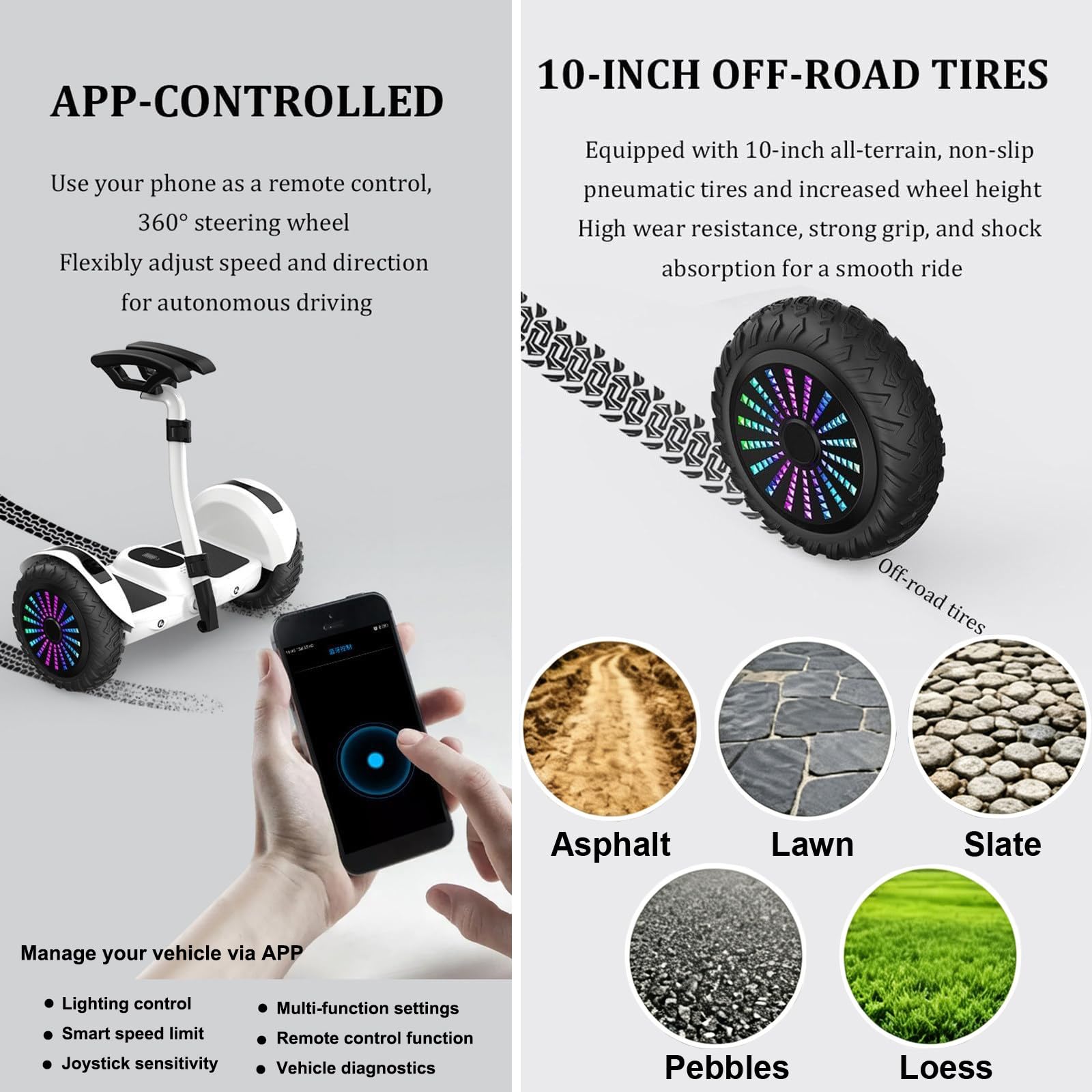 Trottinette Électrique Auto-Équilibrée 10 Pouces, Hoverboard Tout Terrain, Avec Haut-Parleur Bluetooth, Commandes Manuelles/Au Pied/Application, Système D'auto-Équilibrage White