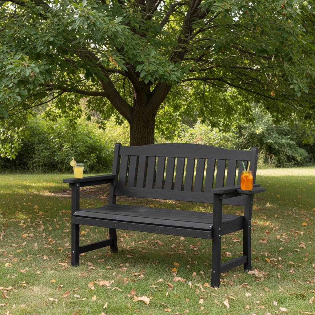 2-Person HIPS Outdoor Bench, Weatherproof Garden Bench with 800 lbs Weight Capacity, Artificial Wood Grains, Never Rot or Fade, Patio Benches for Garden, Porch, Balcony, Backyard,Park, Black