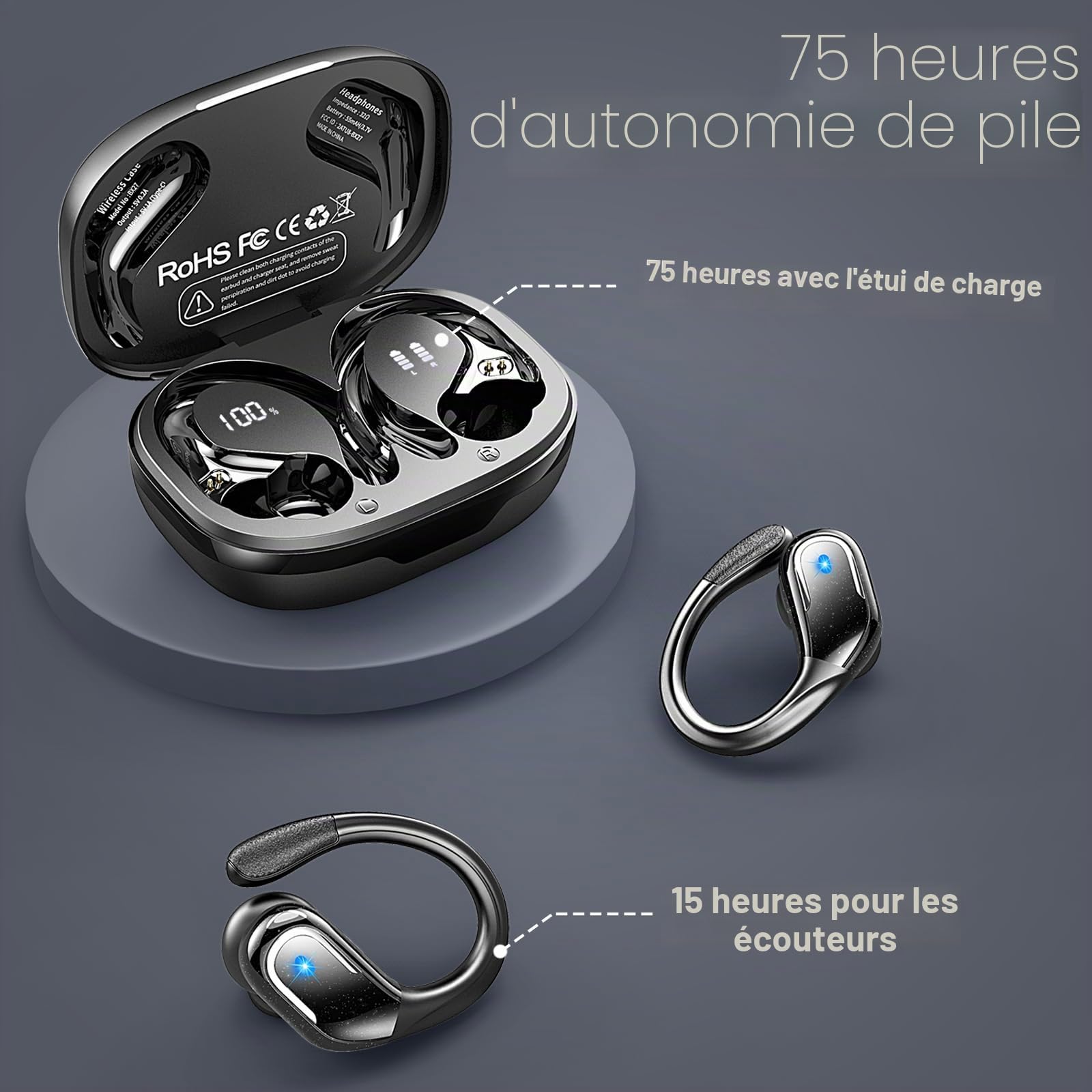 Ecouteurs Bluetooth Sans Fil Sport, 75Hrs Écouteurs Bluetooth 5.4 avec Stéréo HiFi 3D, 4 ENC Réduction de Bruit Mic Oreillette sans Fil USB-C Charge, Étanches IP7 Casque Running LED pour Android/iOS