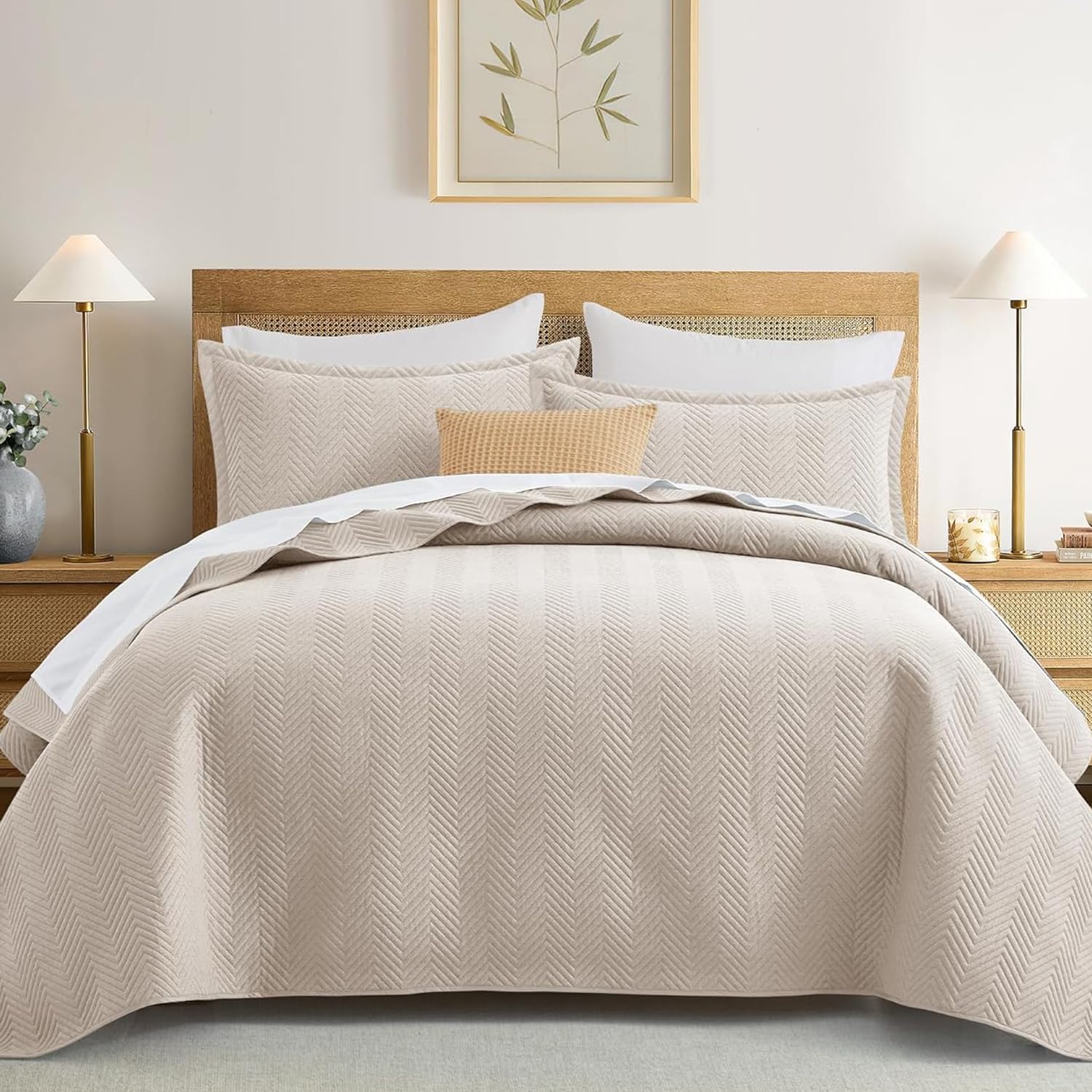 IR Imperial Rooms Quilts Queen Size Bedding Set Beige Bedspread Wave