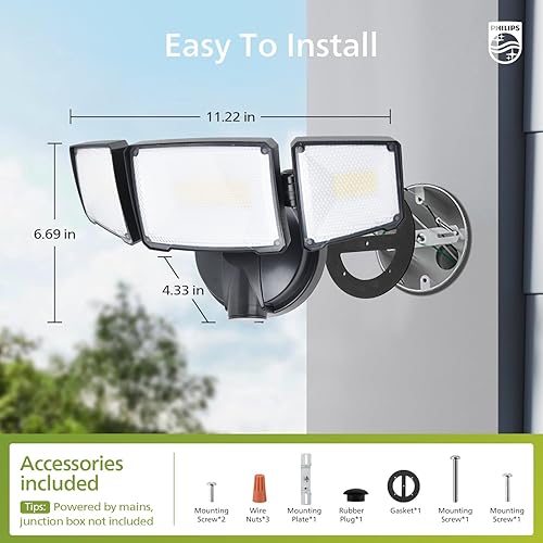 Philips 72W 7400LM LED Flood Lights Outdoor, Switch Controlled Aluminum Security Lights, 3 Adjustable Heads, Wall Mount, 5000K Daylight, Waterproof for Yard, Garage(Black)