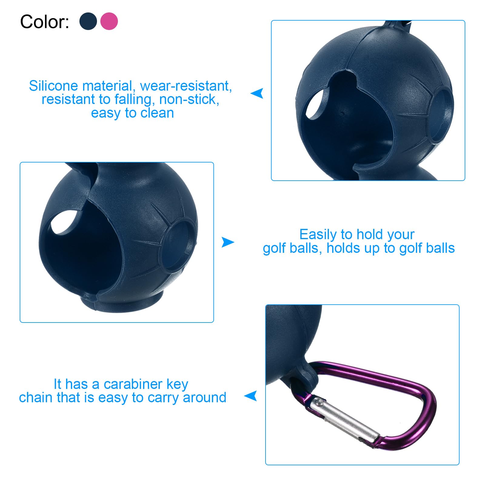 PATIKIL Golf Ball Holder, 2 Pack Silicone 2 Balls Carrier Protective Portable Sleeve with Buckle for Golf Bag Belt Rose Red, Blue - Image 3