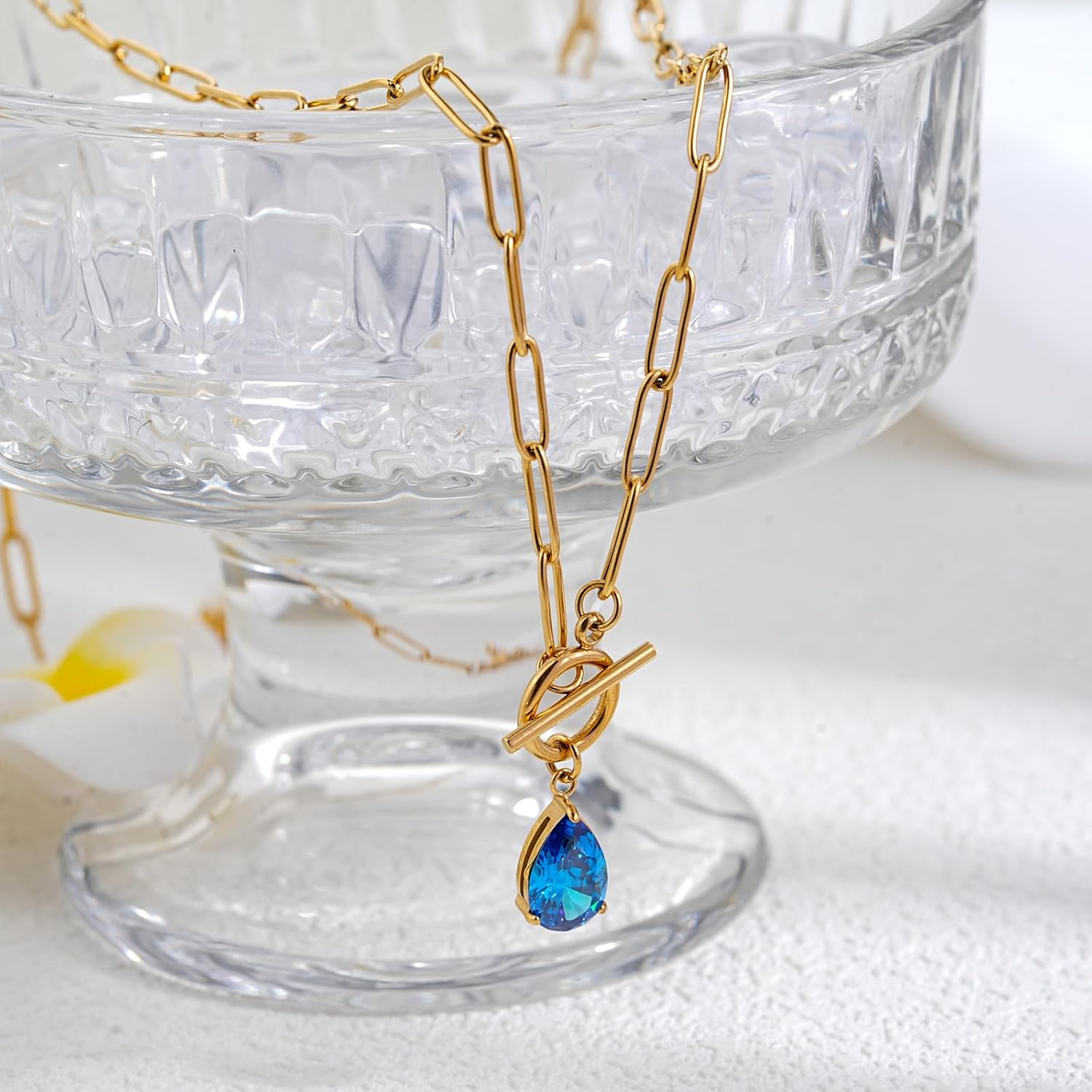 Paperclip Toggle Necklace 18K Gold Plating 8 * 10mm Teardrop Cut CZ Birthstone Pendant Paper Clip Chain Necklace Gemstone Crystal Jewelry Gift for Women