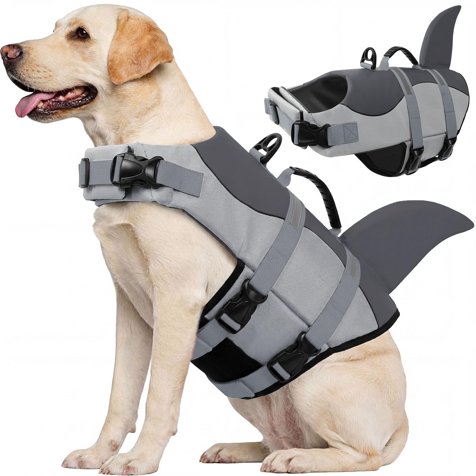CITÉTOILE Schwimmweste Hunde Hai, Leicht und Sicher für Wassersport, hundeschwimmweste mit Griff und Reflektierend für Kleine Mittlere und Große Hunde, Grau, XL