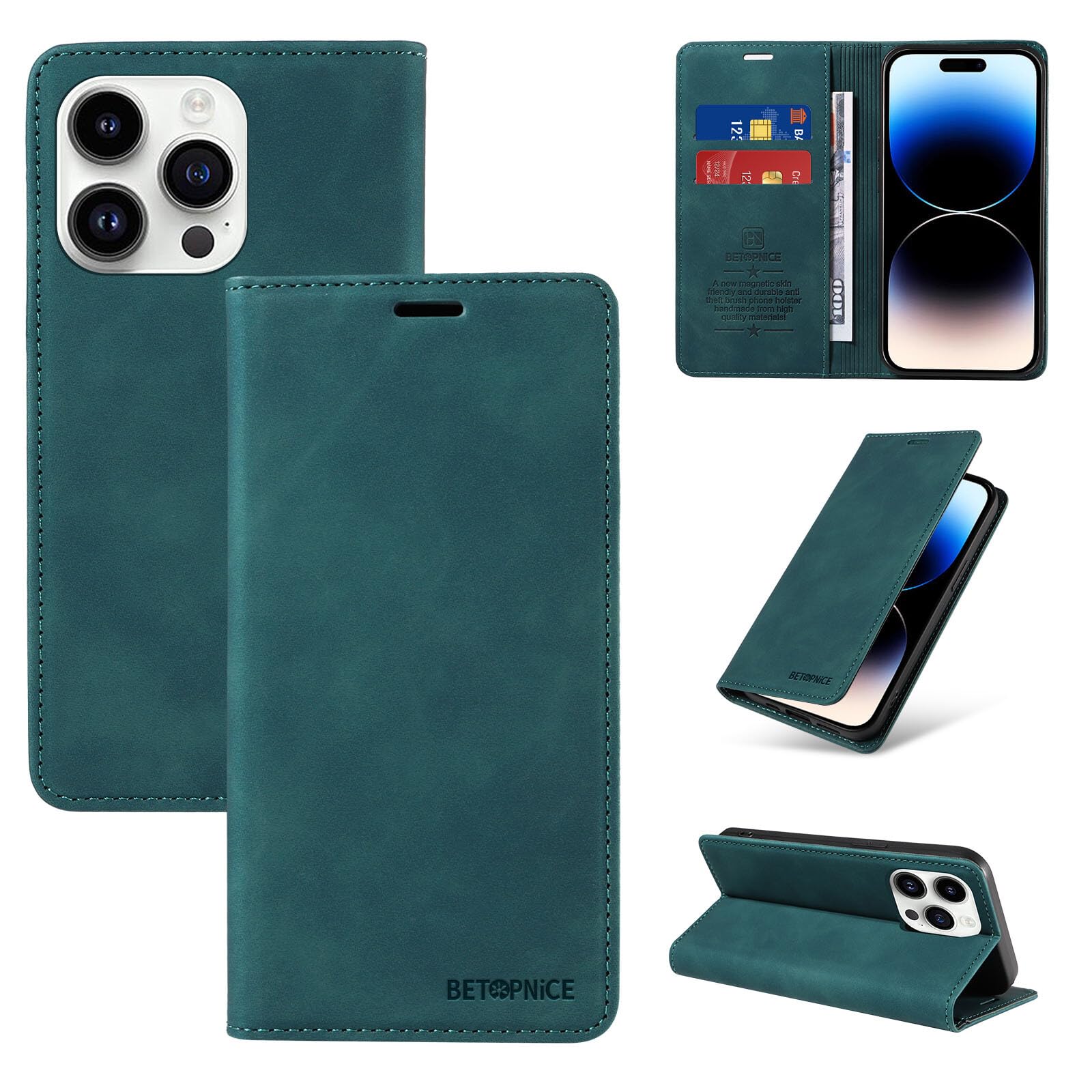 Étui portefeuille iPhone 14 Pro Max vert contre les rayures d'écran et la perte de cartes - 7