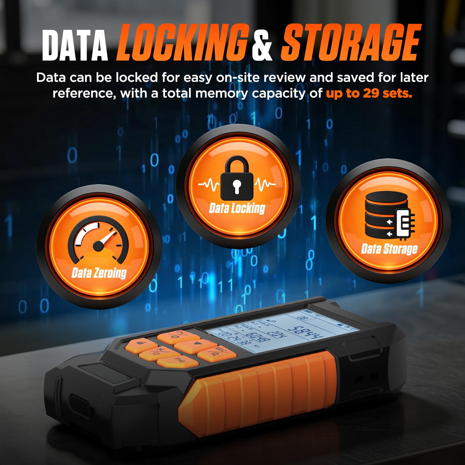 Manometro digitale, misuratore di pressione differenziale con due porte di misurazione, -100-200 kPa (-1000 a 2000 mbar), ±0,3% FS, 10 unità, 7 adattatori, memoria di misurazione, manometro di