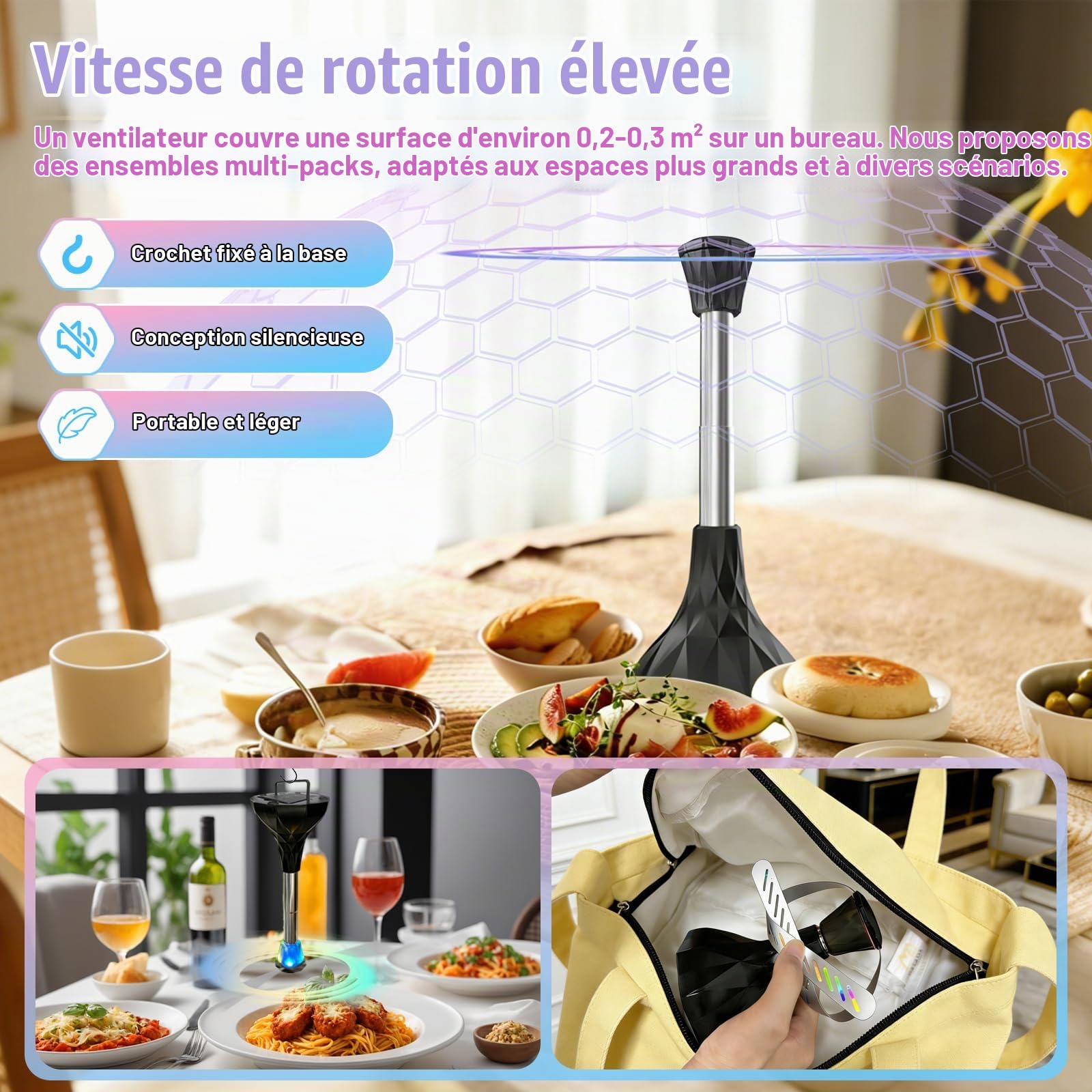 4 PCS Ventilateur Anti Moucherons Plié et Suspendu, Répulsif mouches de table par USB ou Batterie pour Intérieurs Extérieurs, Camping, Pique-Nique, Barbecue, Jardin-Aucun Produit Chimique Nécessaire