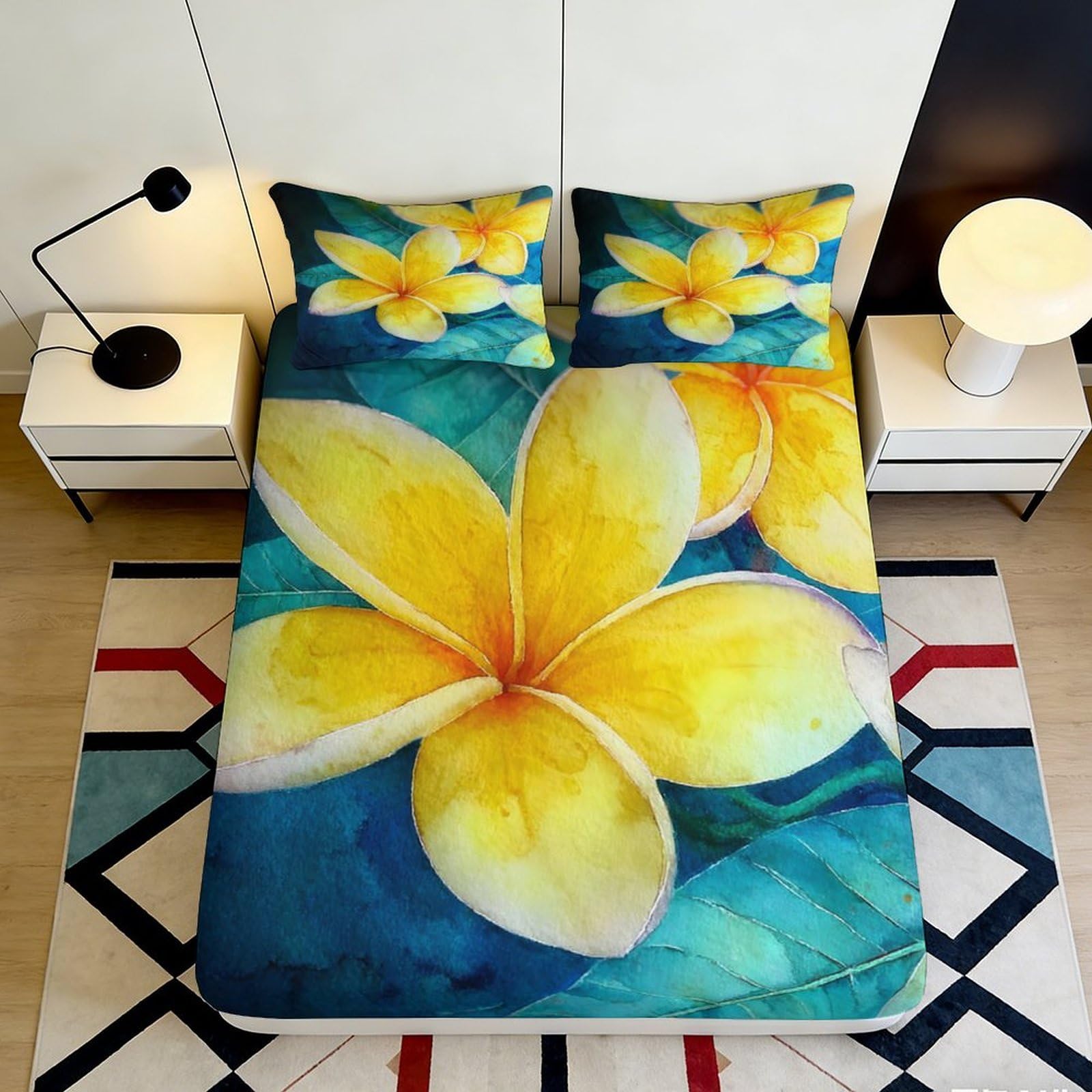 3D Printed Yellow Plumeria Fitted Sheet Microfiber Soft Floral Blue Tropical Bed Cover for Bedroom Guest Room Decor 90x200x25cm