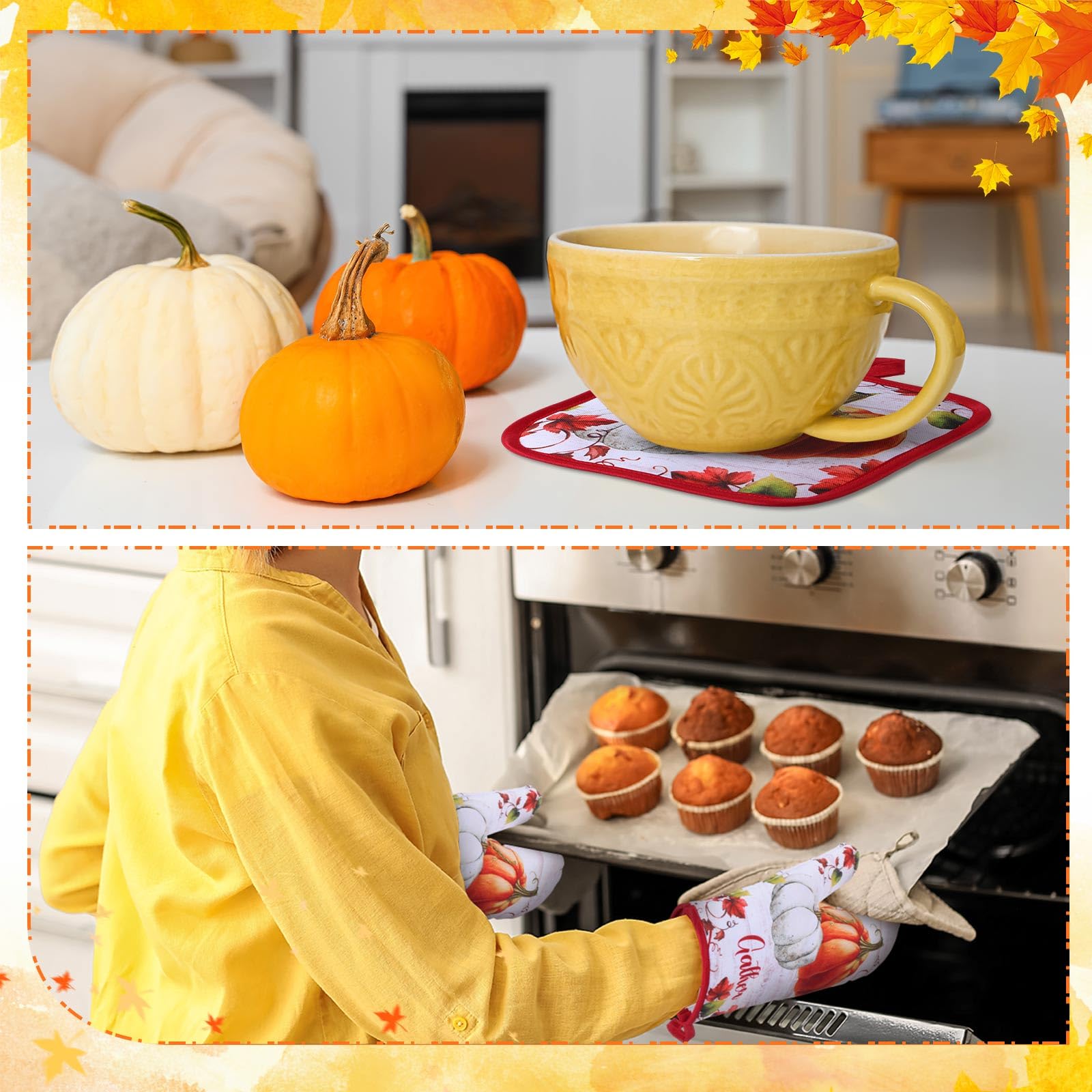 Juego de 6 accesorios de cocina de otoño, incluyendo paños de cocina de calabaza, guantes de horno, soportes para ollas, cosecha, hojas de arce, regalos para otoño, otoño, Acción de Gracias 6