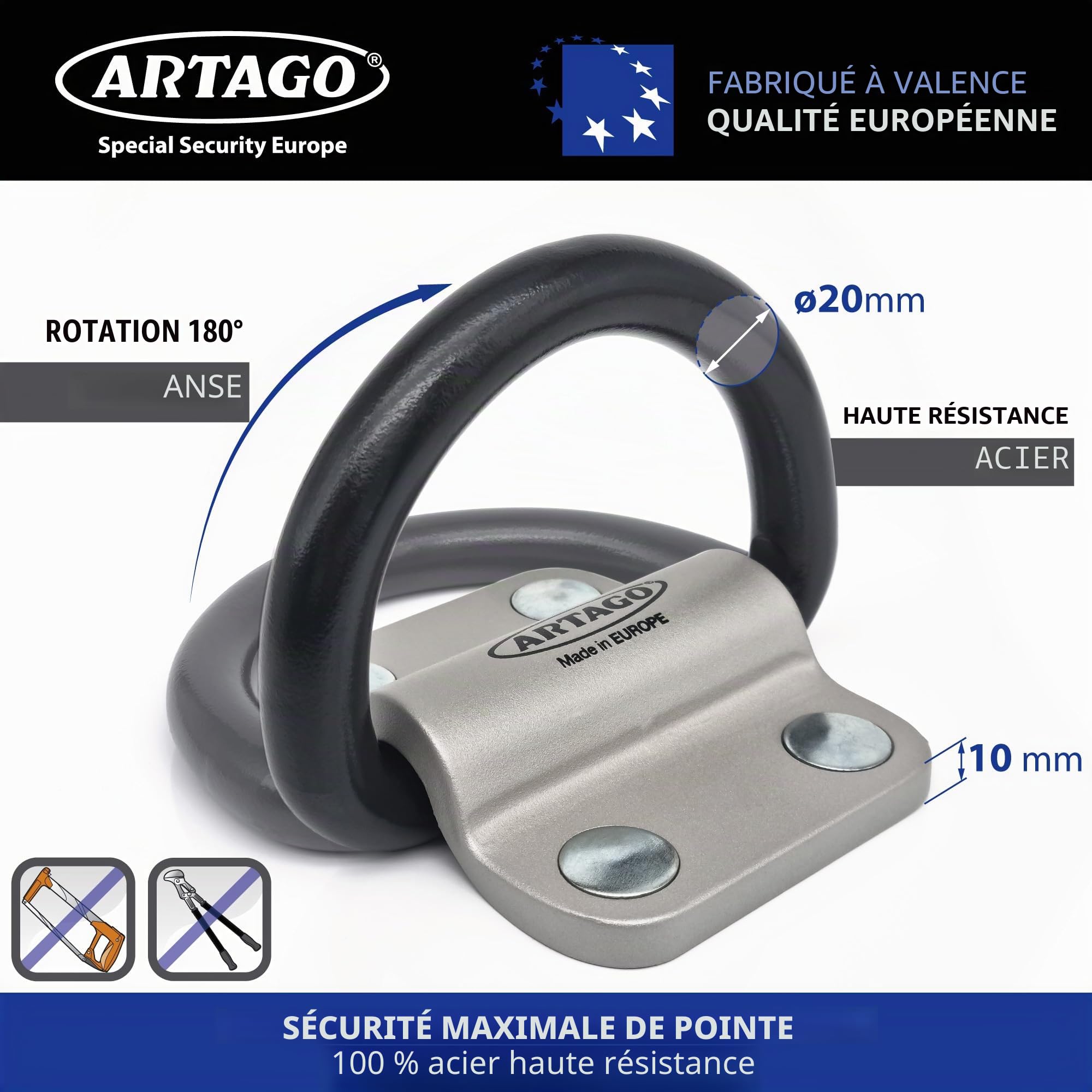 ARTAGO 60 Ancrage Sécurité Sol/Mur, Haut de Gamme, Anneau XXL Basculant ø20mm, Acier Résistance Maximale et Boulons Plus Profondes Blindées, Ancre Fixation pour Chaîne Antivol Moto Garage Parking