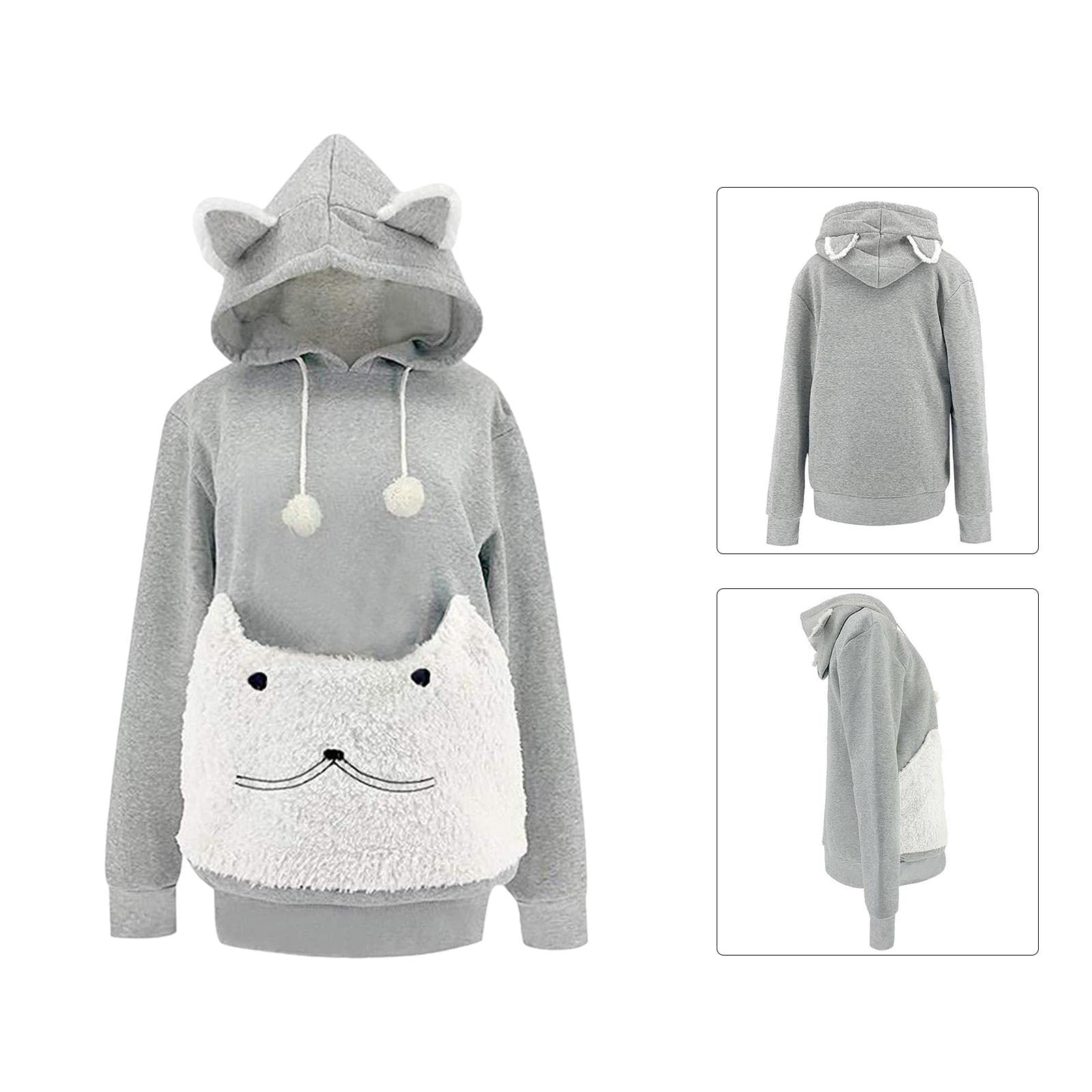 Cat Hoodies Sweatshirt Damen Pullover mit Großer Tasche Cartoon Tierpullover Langarm Freizeit Kapuzenpullover Aus Stoff für Outdoor Reisen Sport Zuhau