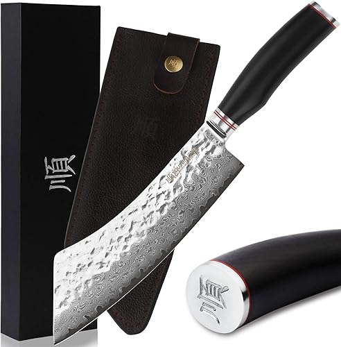 YOUSUNLONG Cuchillo híbrido de 9 pulgadas, cuchillos de carnicero, acero de damasco martillado japonés, rebanador de carne, barbacoa, carne picada,