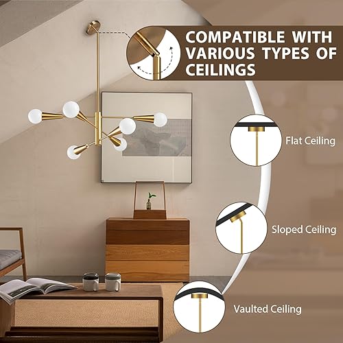 Miniatura 6 de KAISITE Sputnik Chandelier Modern Gold Chandelier 6-Light E26 Mid Century Ceiling Light Fixture Height Adjustable Hanging Pendant Lighting for