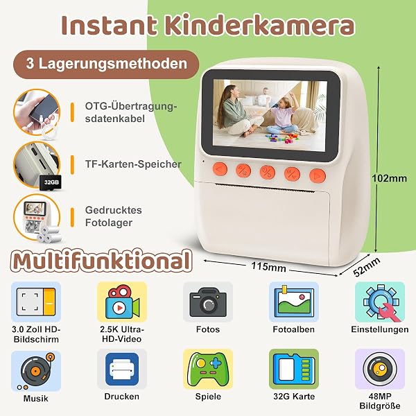 Grutoly Macchina Fotografica Bambini Istantanea, Fotocamera Istantane con Schermo da 3,0 Pollici da 48MP e Scheda da 32G Carta da Stampa e Penne Colorate, Regali per Bambine e Bambini dai 3-12 Anni - 2