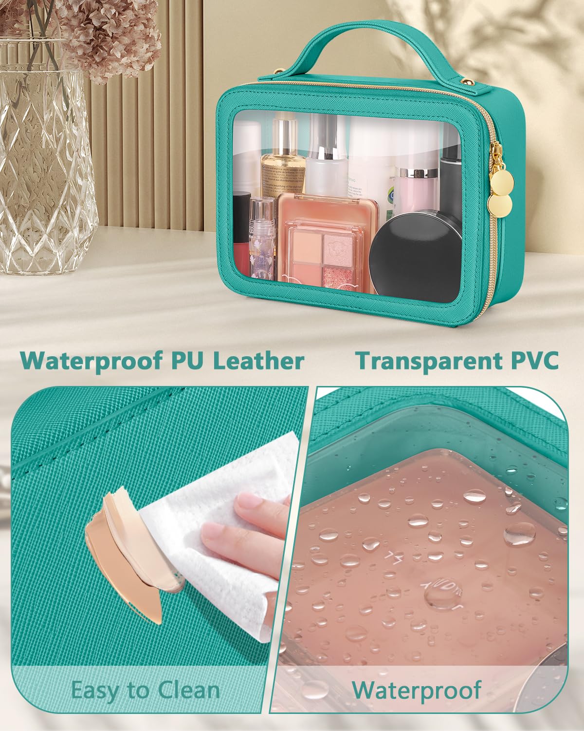 Soimeat Bolsa de maquillaje transparente, bolsas de cosméticos de viaje portátiles, bolsa de aseo multiusos de cuero con cremallera, organizador de cosméticos transparente impermeable para mujeres,