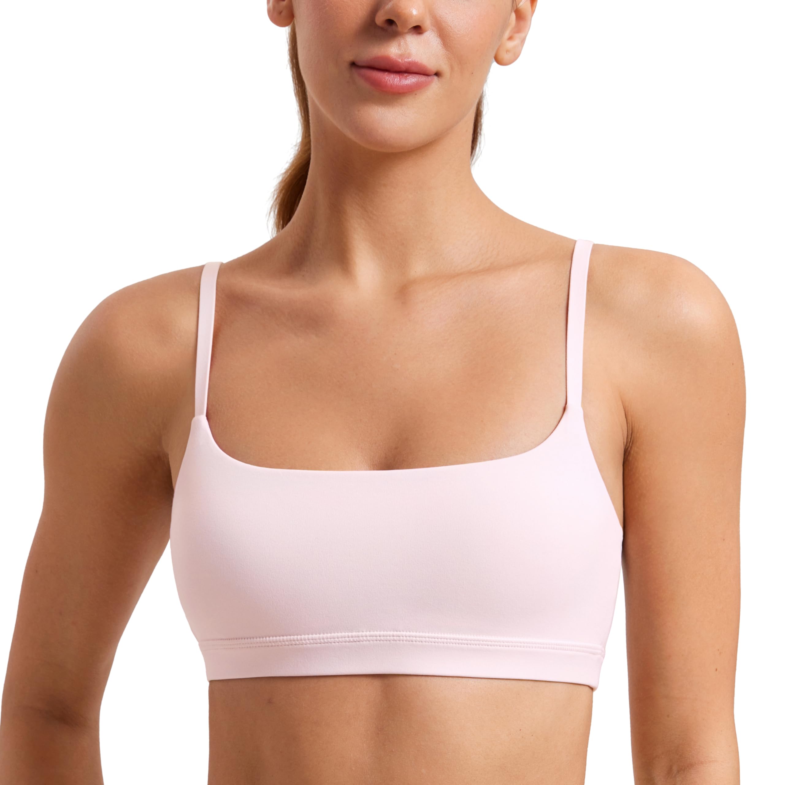 CRZ YOGA Womens Butterluxe Adjustable Spaghetti Strap Sports Bra - Scoop Neck Wireless Padded Bra Yoga Workout Crop Top - Small - Strawberry Pink