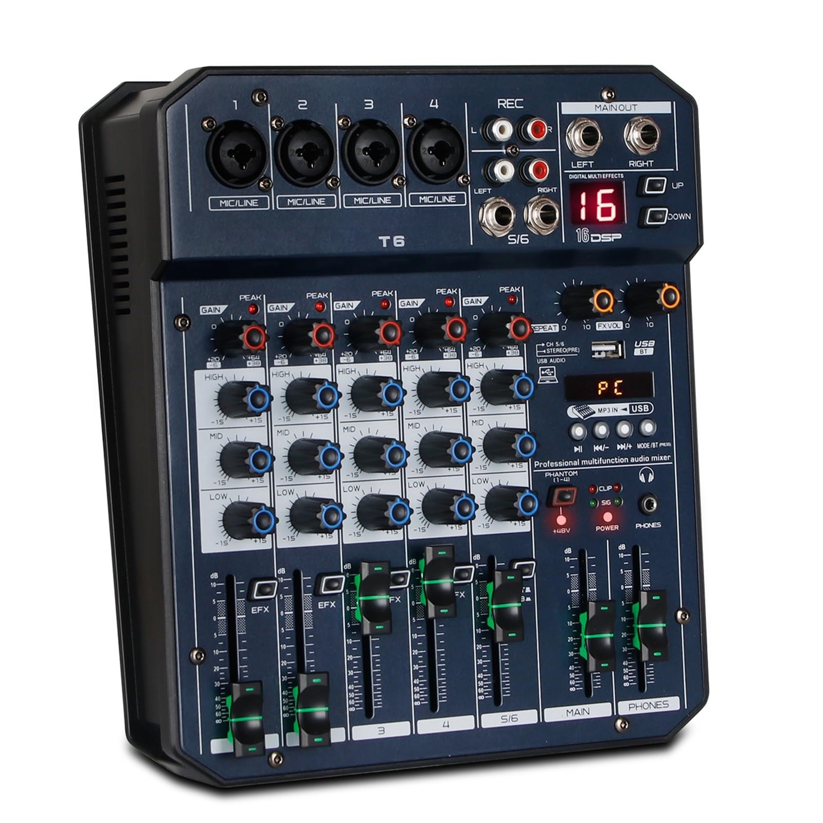 Kontroler DJ-ski, Profesjonalny 4-kanałowy mikser USB dla DJ-ów, kontroler dźwięku na żywo, nagrywanie wideo na komputerze, transmisja strumieniowa na żywo,