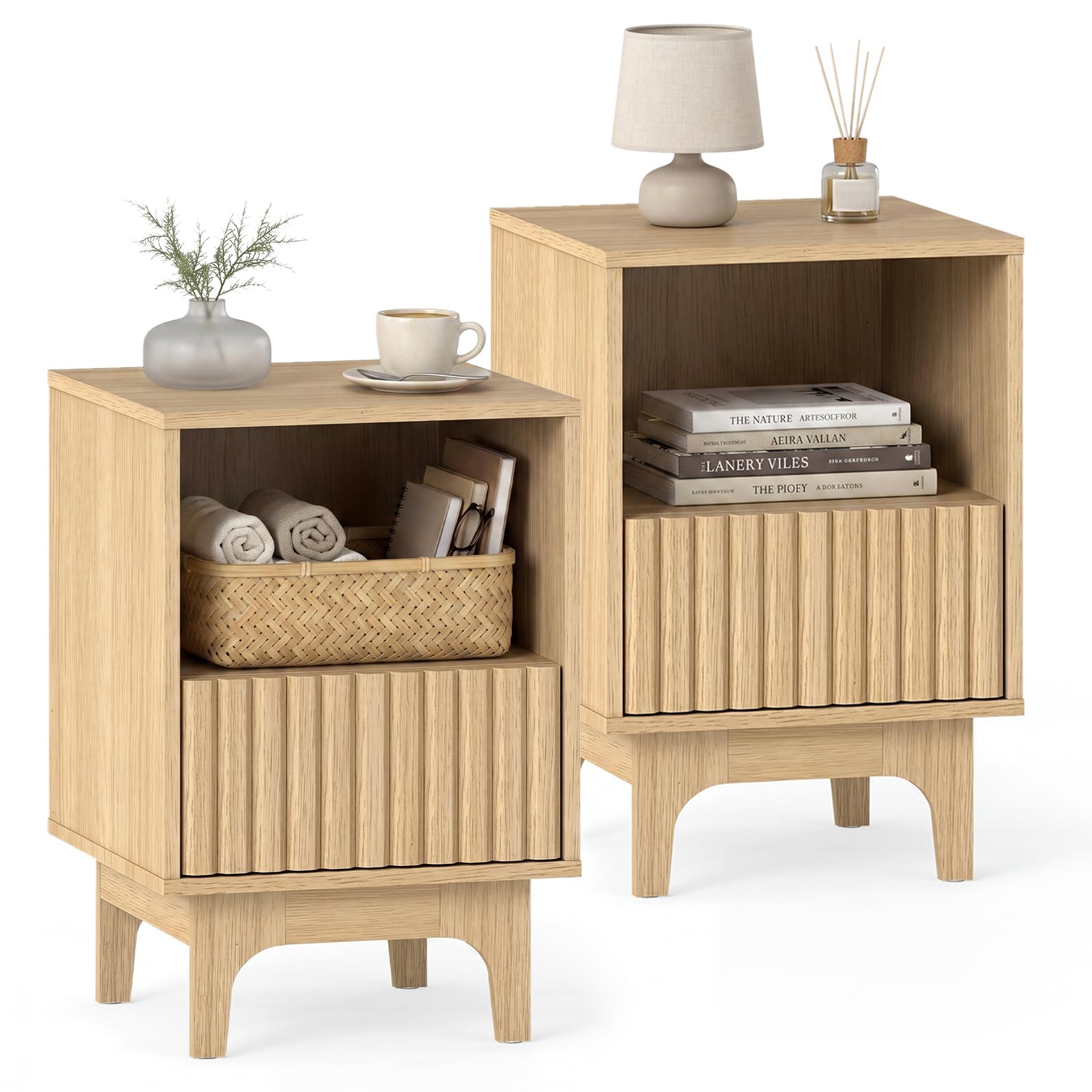 COSTWAY Bedside Table, Wooden Nightstand End Sofa Side Table with Fluted Storage Drawer and Open Compartment, Modern Accent Bedside Cabinet for Bedroom, Living Room, Small Spaces (Natural,2)