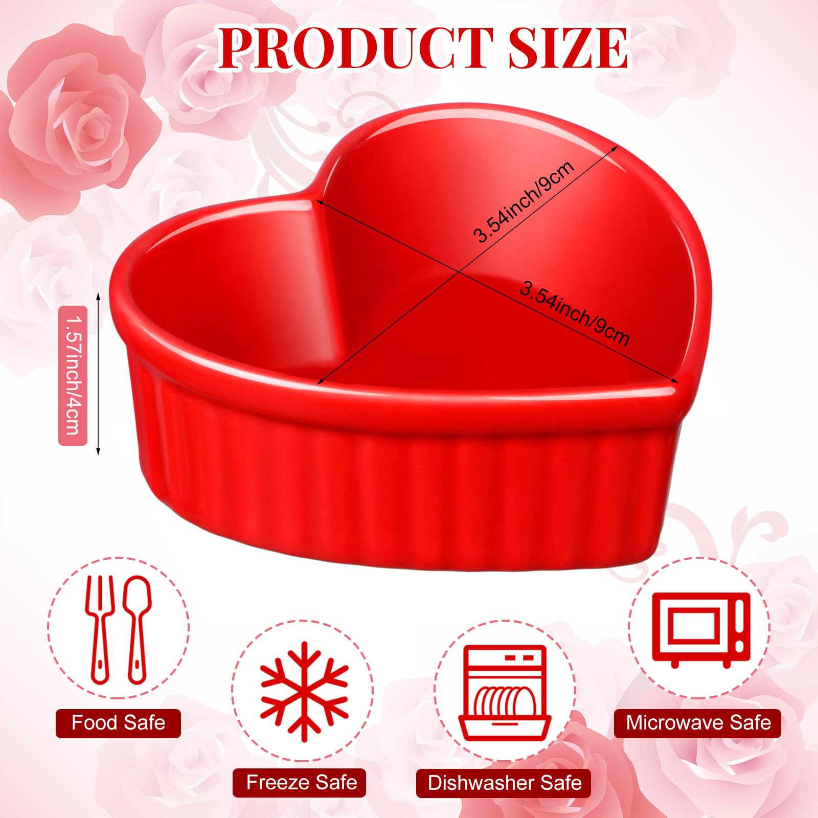 Reallnaive 8 ramequines en forma de corazón para crema brulee aptos para horno, 3.54 x 3.54 x 1.57 pulgadas, cuencos pequeños de cerámica para hornear, aperitivos, quiche, aperitivos, salsas (rojo)