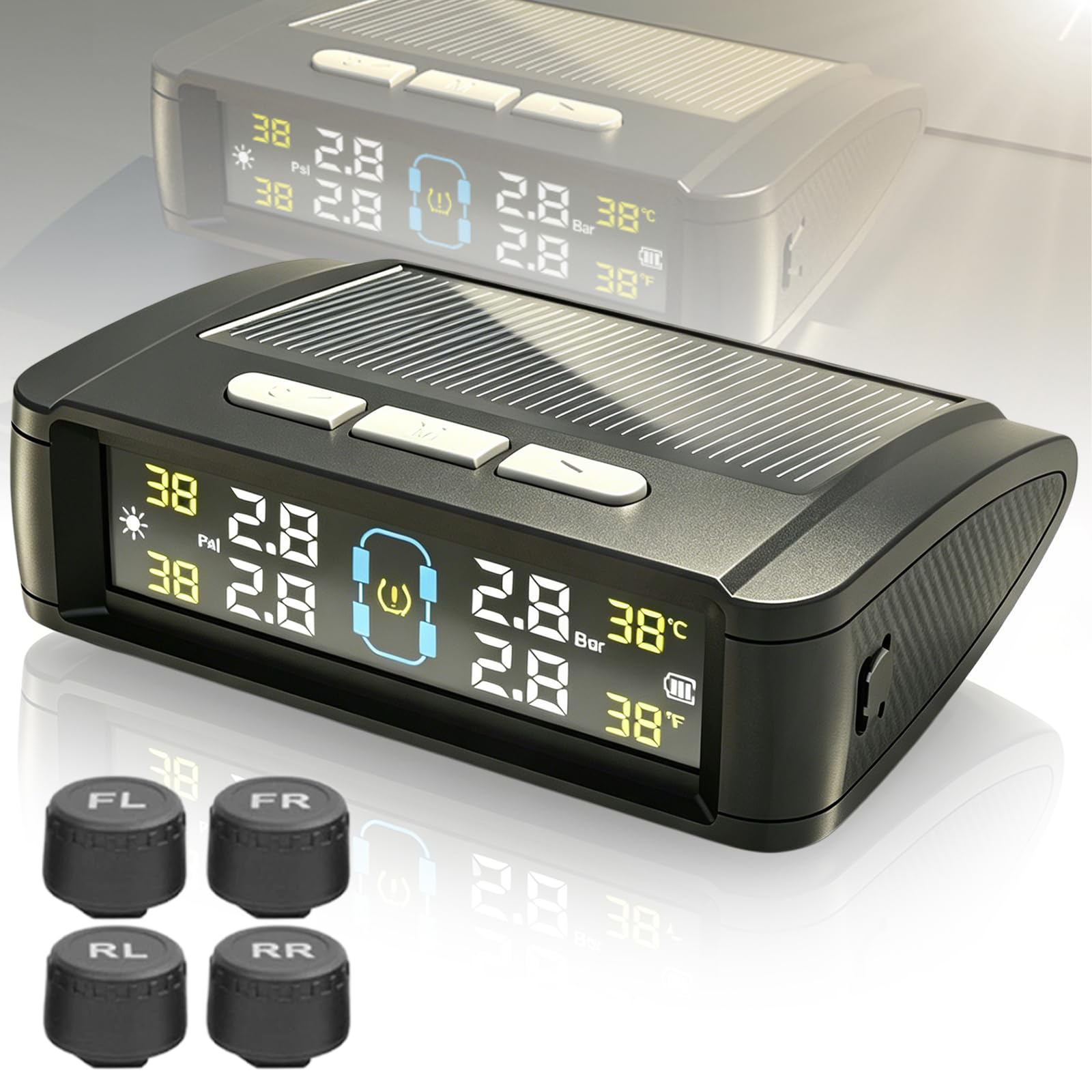 BORDEAG TPMS Reifendruckkontrollsystem, 94 * 67 * 29mm Reifendruckkontrollsystem TPMS, TPMS Reifendrucksensor, Reifendrucküberwachungssystem für PKW SUV Van, Vierfach-Druckanzeige, Solar USB