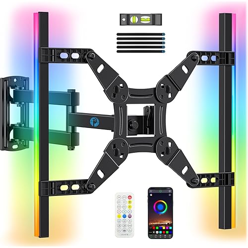Pipishell Full Motion TV Wall Mount with LED Light, Corner Mount for 13″–42″ TVs up to 44 lbs, Swivel, Extension and Tilt, Backlit TV Mount with Music Sync, Max VESA 200 x 200mm, PISF06B