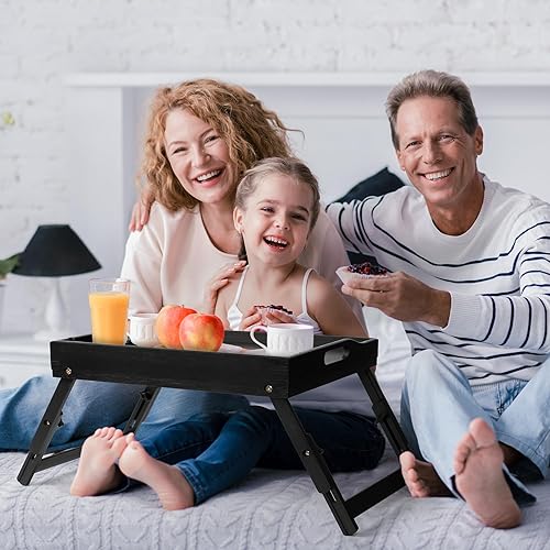 Miniatura 5 de Greenual Paquete de 2 bandejas de cama con asas y patas plegables, bandeja de bambú para desayuno con ranura para medios, uso como plato, escritorio